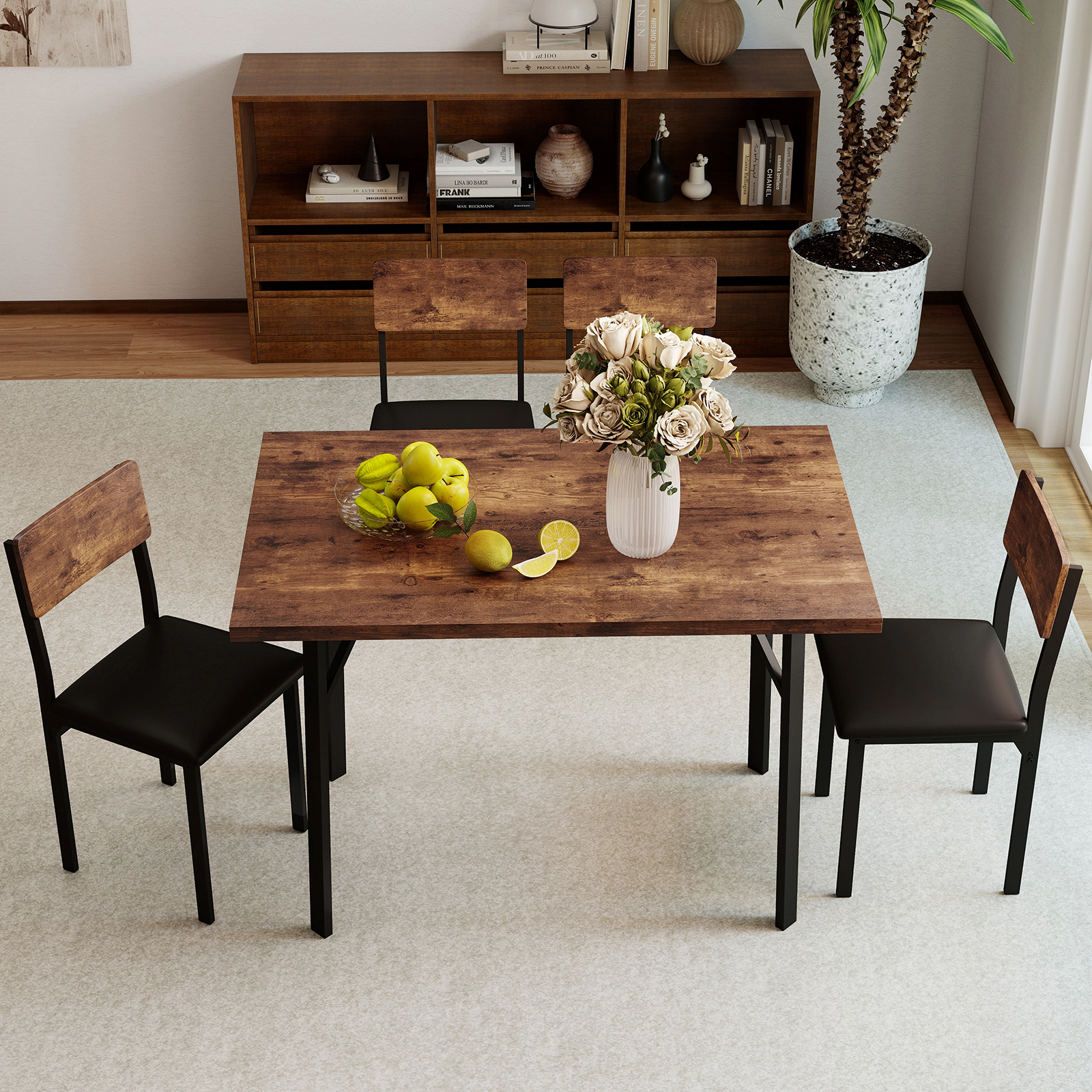 LJG 5-Piece Dining Table Set for 4 People Industrial Kitchen Table and 4 PU Leather Chairs