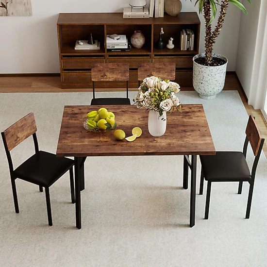 LJG 5-Piece Dining Table Set for 4 People Industrial Kitchen Table and 4 PU Leather Chairs