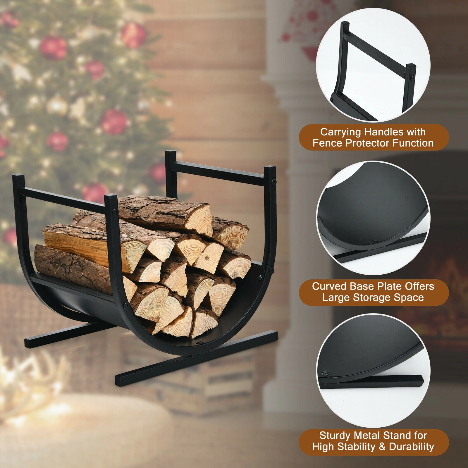 SUGIFT U-Shaped Steel Firewood Rack 66-lb Capacity 17-in Wide with Handles Black 1-Piece
