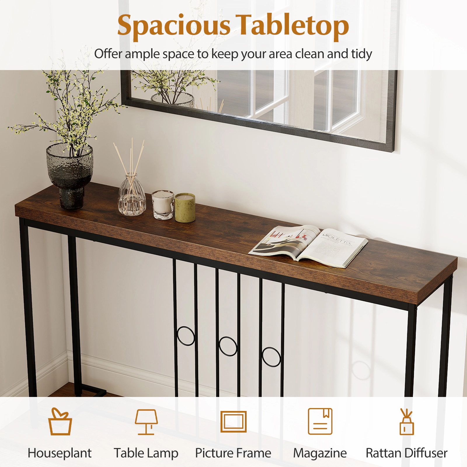 SUGIFT 1.6-in Thick Top H-Shaped Metal Base Industrial Console Table 55-in x 12-in x 32-in 175-lb Capacity Brown