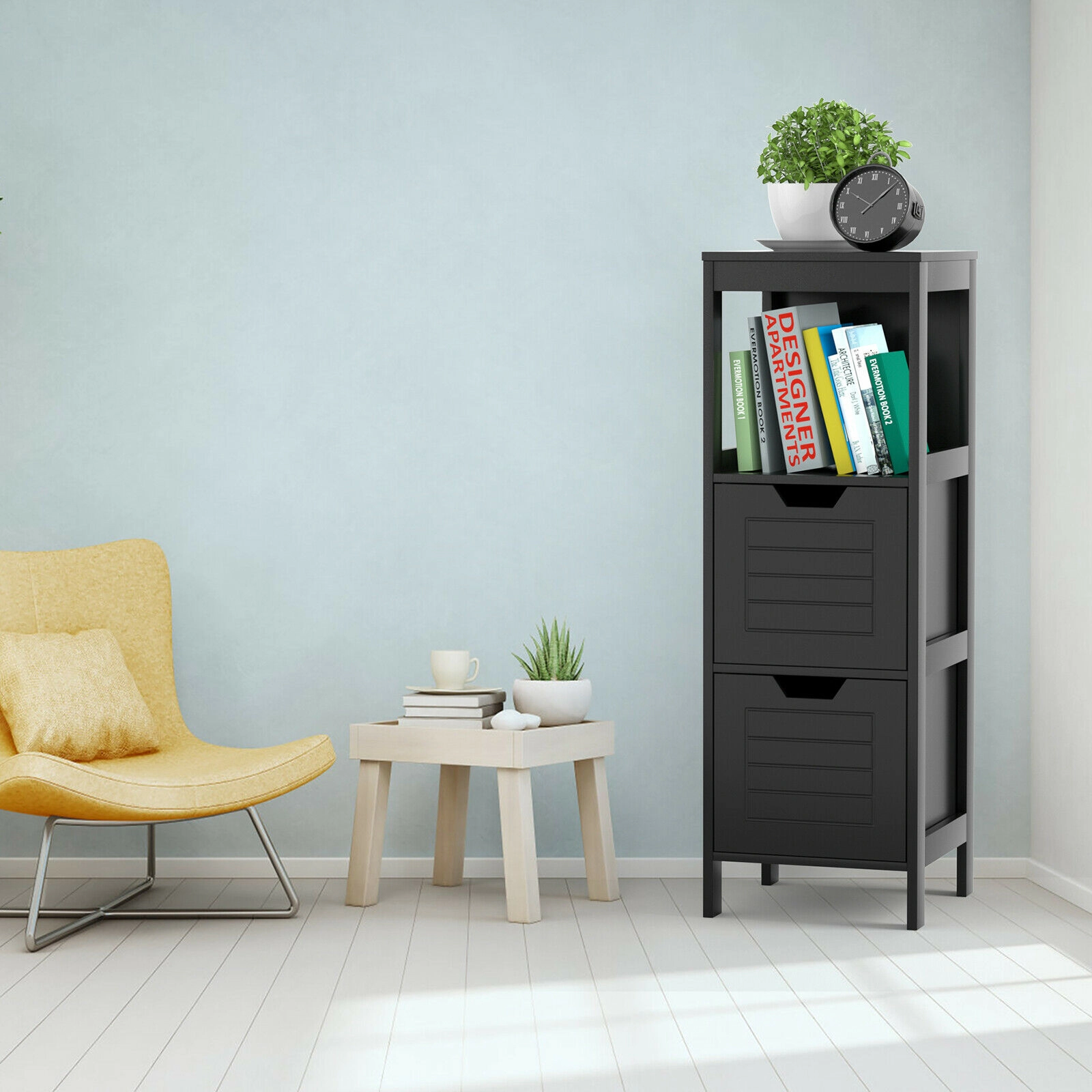 Slickblue Black Storage Organizer Cabinet with 2 Drawers and Open Display Shelf