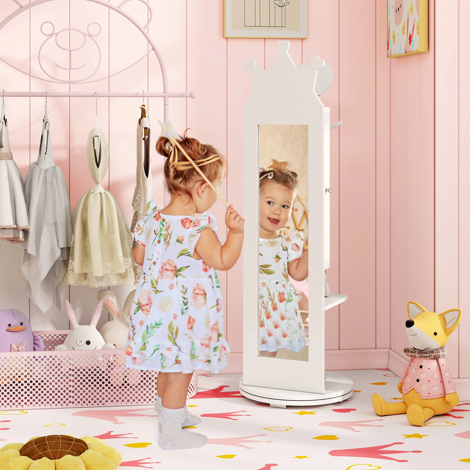 SUGIFT Free-Standing Full Length Mirror Kids Jewelry Armoire Cabinet 44-in Tall Vanities Storage 14 x 14 in Base White