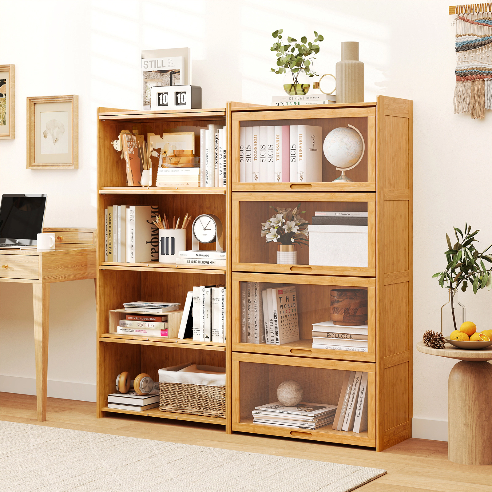 SUGIFT 4-Tier Bamboo Bookcase Acrylic Flip Doors 65-lb Tier Capacity 27-in Wide 55-in Tall Brown/Natural 2-Cube Per Tier