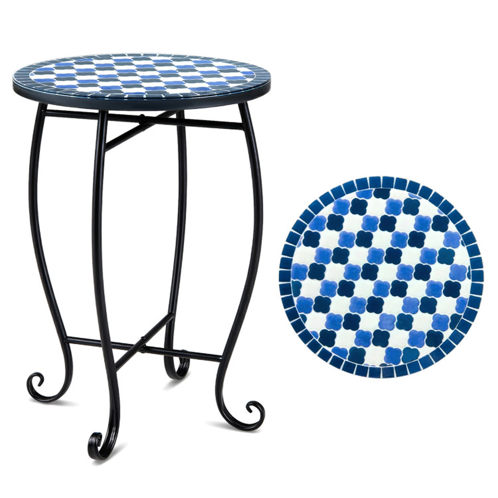 SUGIFT 14-Inch Round Mosaic Outdoor Side Table, Metal Plant Stand with X Base