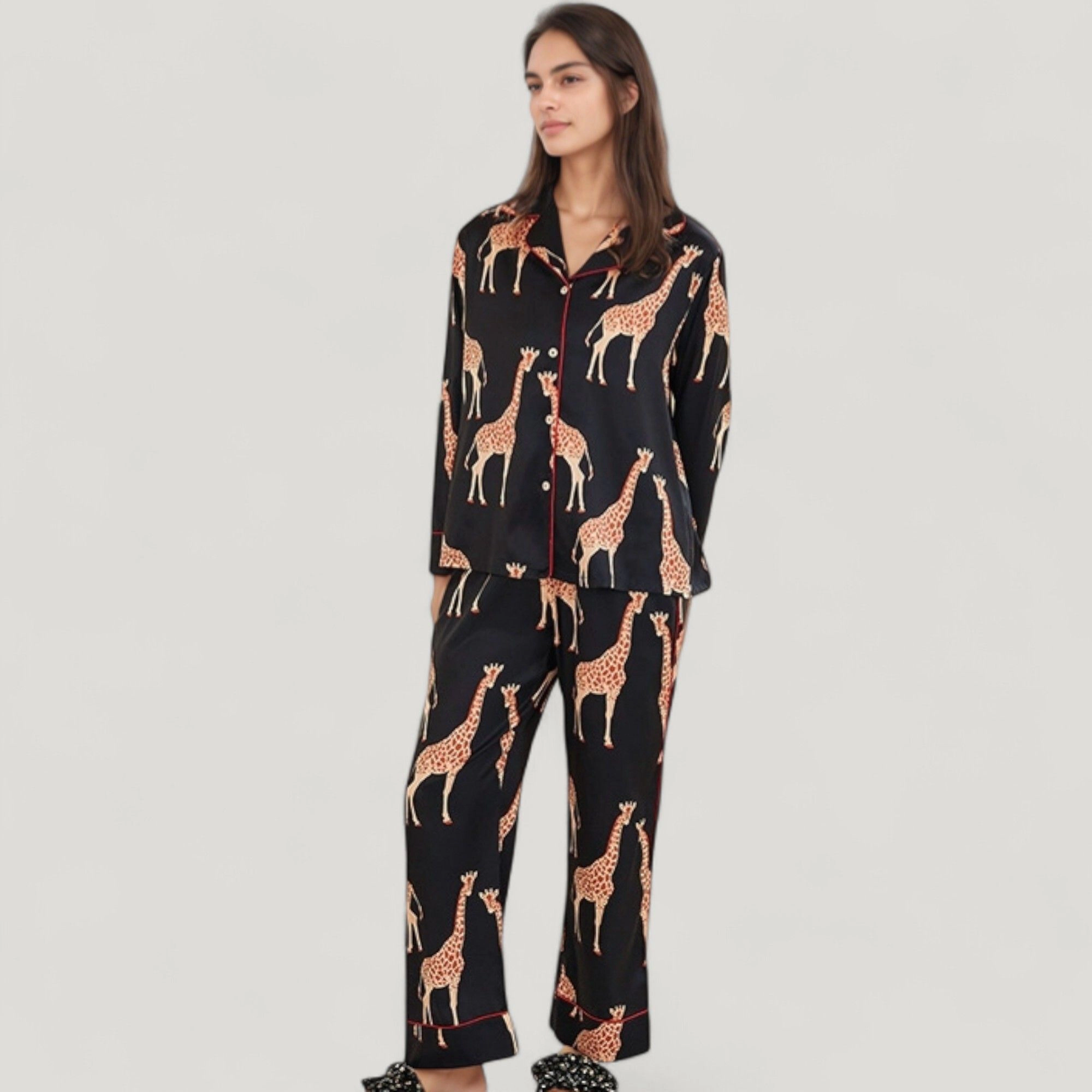 Anna-Kaci Women's Giraffe Print Pajama Set with Long Sleeve Button Down Top and Relaxed Fit Woven Pants