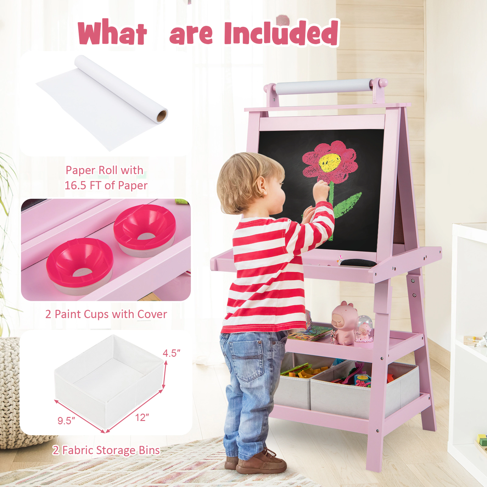 3-in-1 Kids Art Easel Dry Erase Whiteboard Chalkboard Paper Roll Surfaces Magnetic Beads 46-in Standing Height Pink
