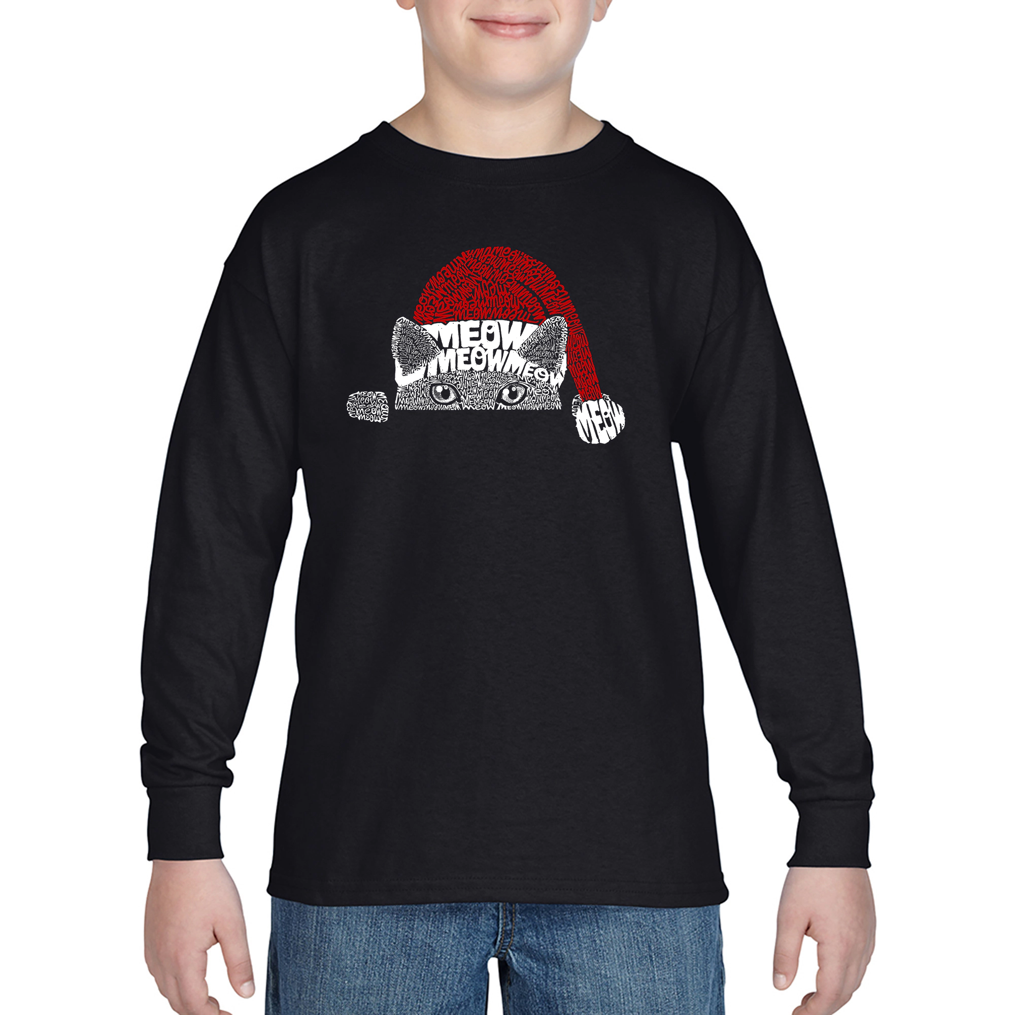 LA Pop Art Boys Long Sleeve T-Shirt - Christmas Peeking Cat