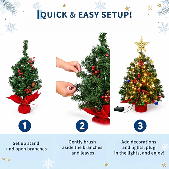 PALQOUETH 2FT Battery-Operated Mini Christmas Tree, PVC Tabletop Decor ...