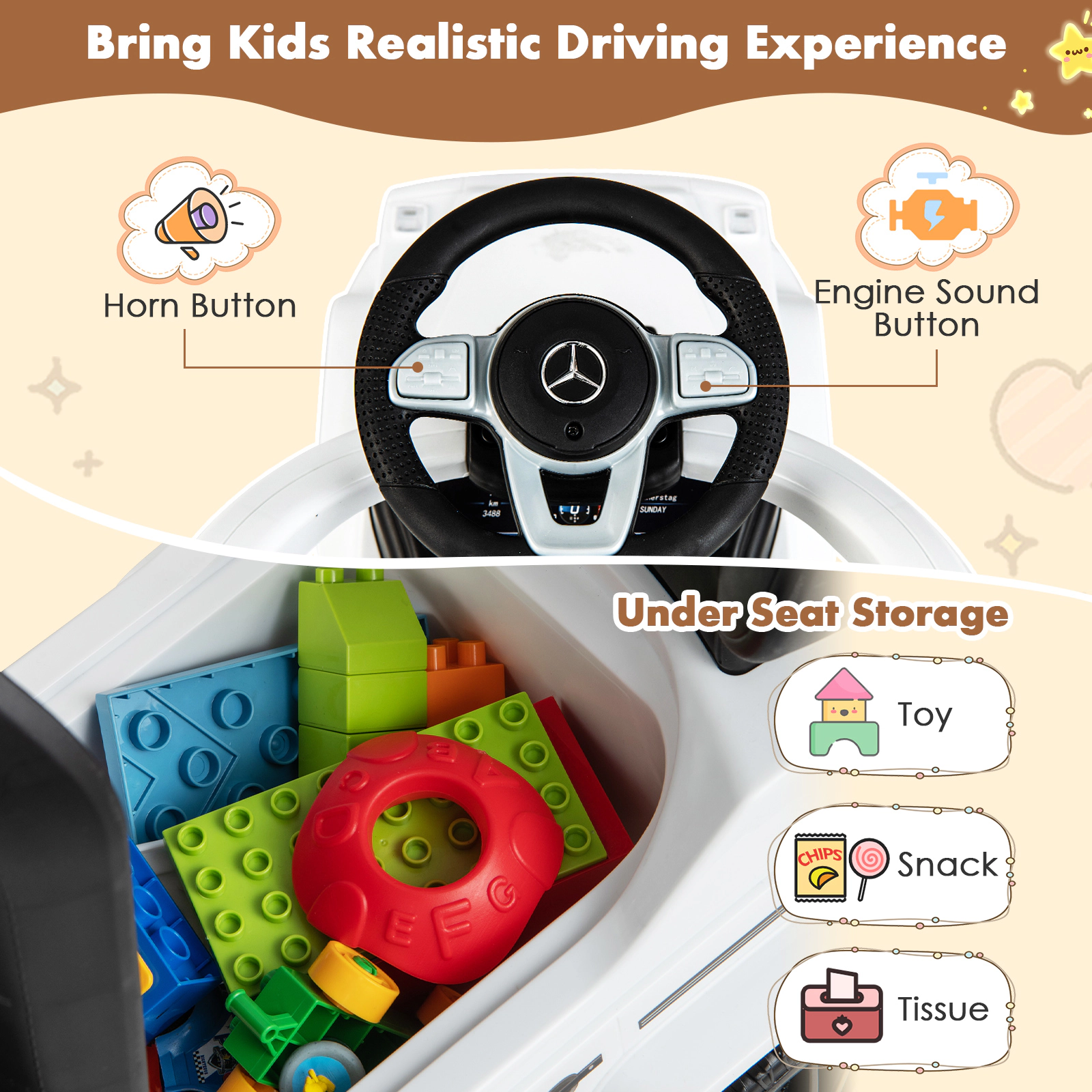 3-in-1 Toddler Push Car Adjustable Canopy Working Steering Wheel Under Seat Storage 18-36 Months 55-lb Limit