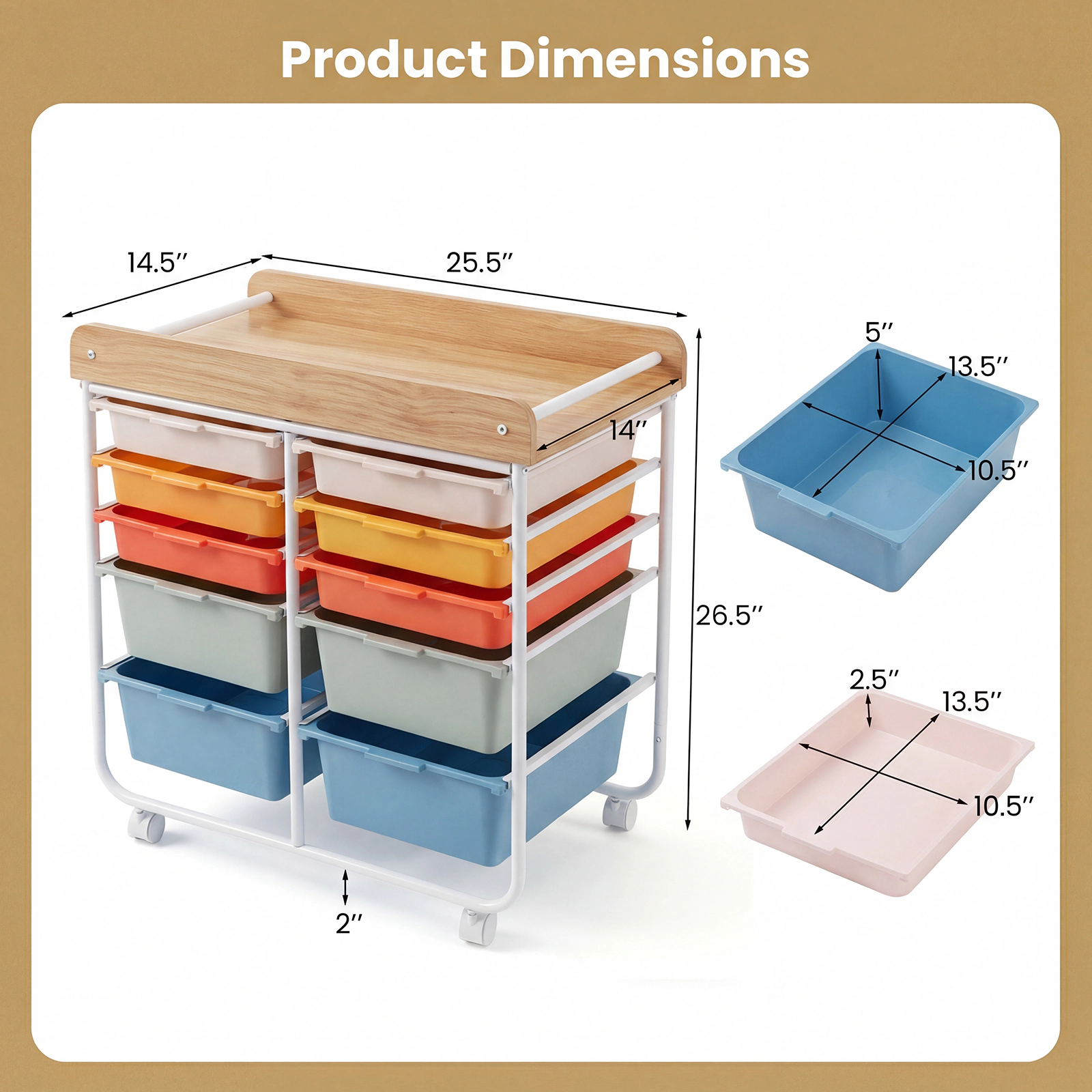 SUGIFT 10-Drawer Rolling Cart Macaron with Wooden Tabletop and Lockable Wheels for Office