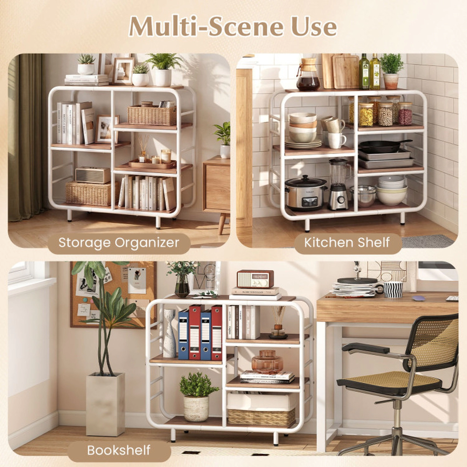 SUGIFT 5-Tier Natural Bookshelf with White Metal Frame 30.5-in W 12-in D 27-in H 88-lb Top Shelf