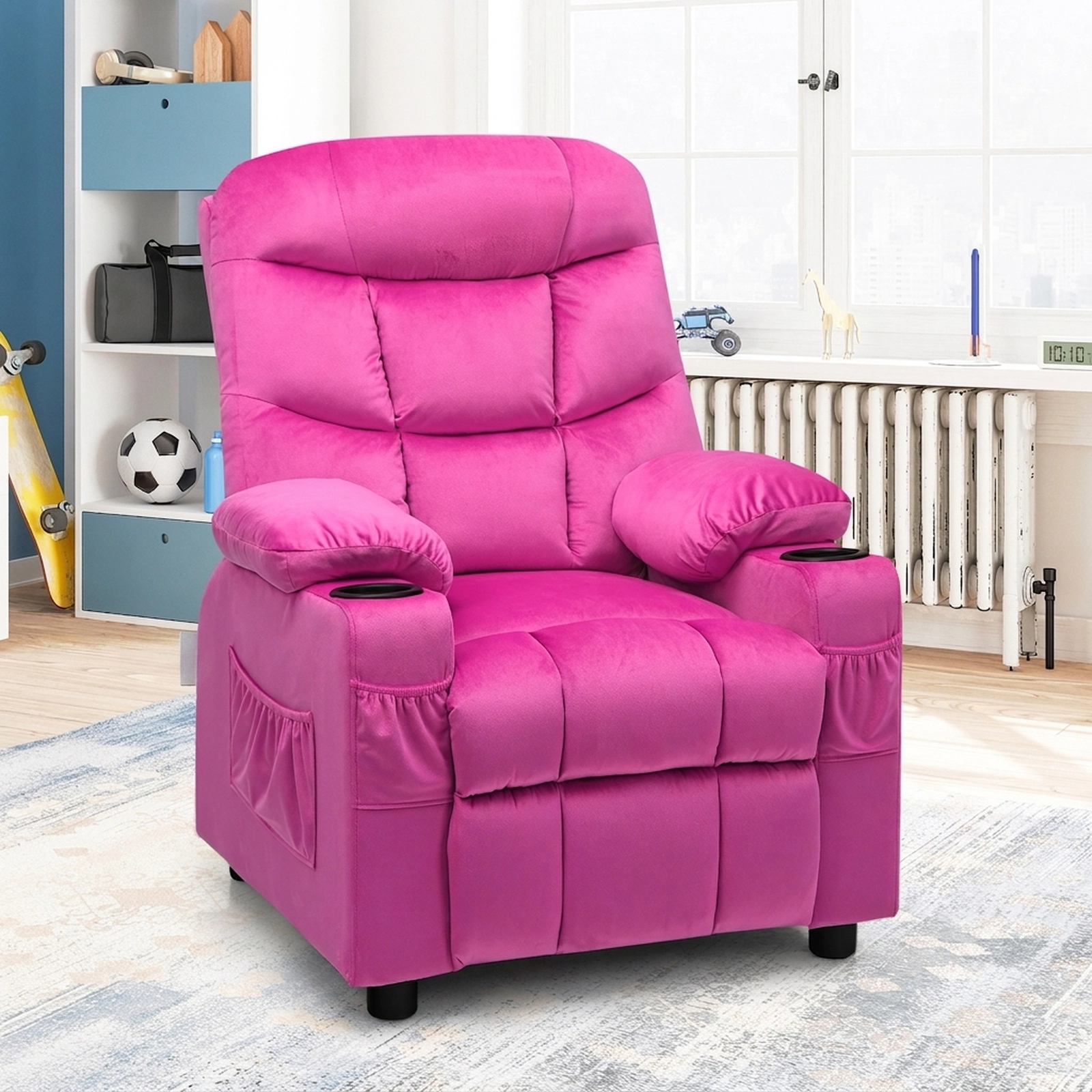 SUGIFT Kids Recliner Chair, Pink Velvet, 2 Cup Holders, 3 Pockets, 120 lb Capacity