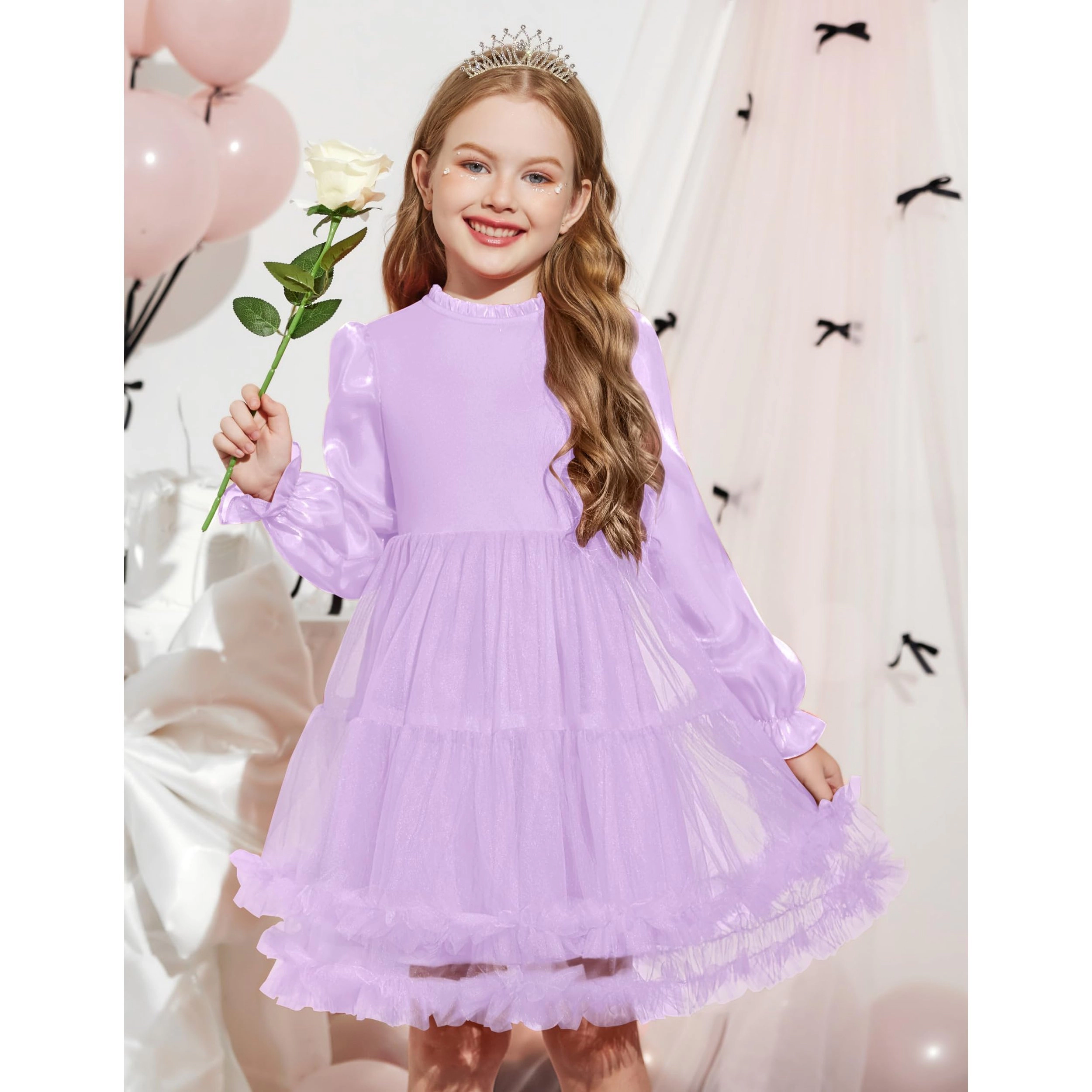 Arshiner Girl's's Ruffle Neck Puff Sleeve Dress