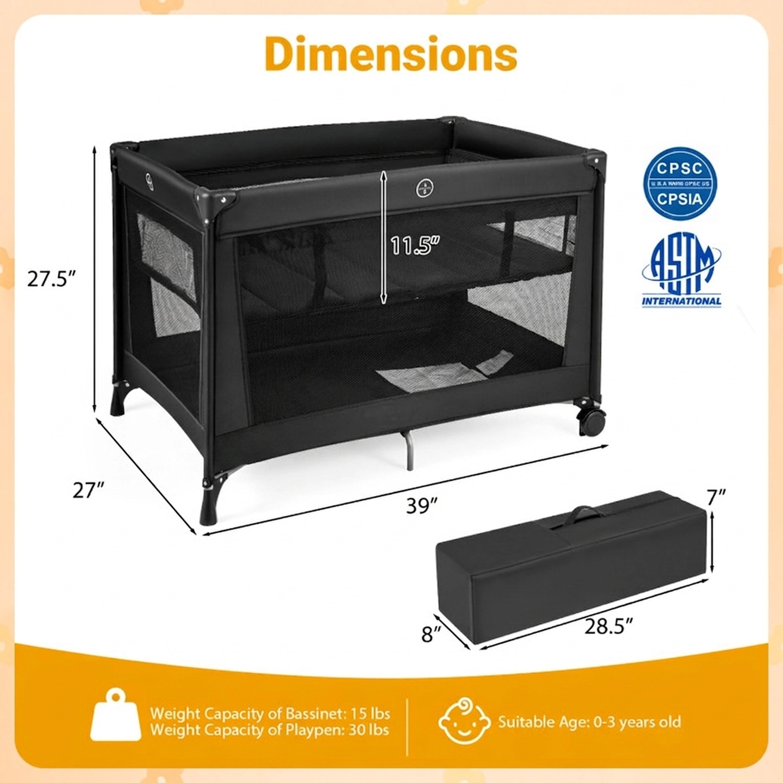SUGIFT Baby 2-in-1 Bassinet Breathable Mesh Folding Travel Crib Playard 39-in x 27-in x 27.5-in 30-lb Capacity Black