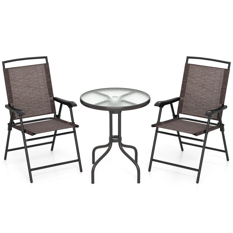 Hivvago 3 Pieces Patio Round Table And Folding Chairs Set With Rippled Tempered Glass Tabletop