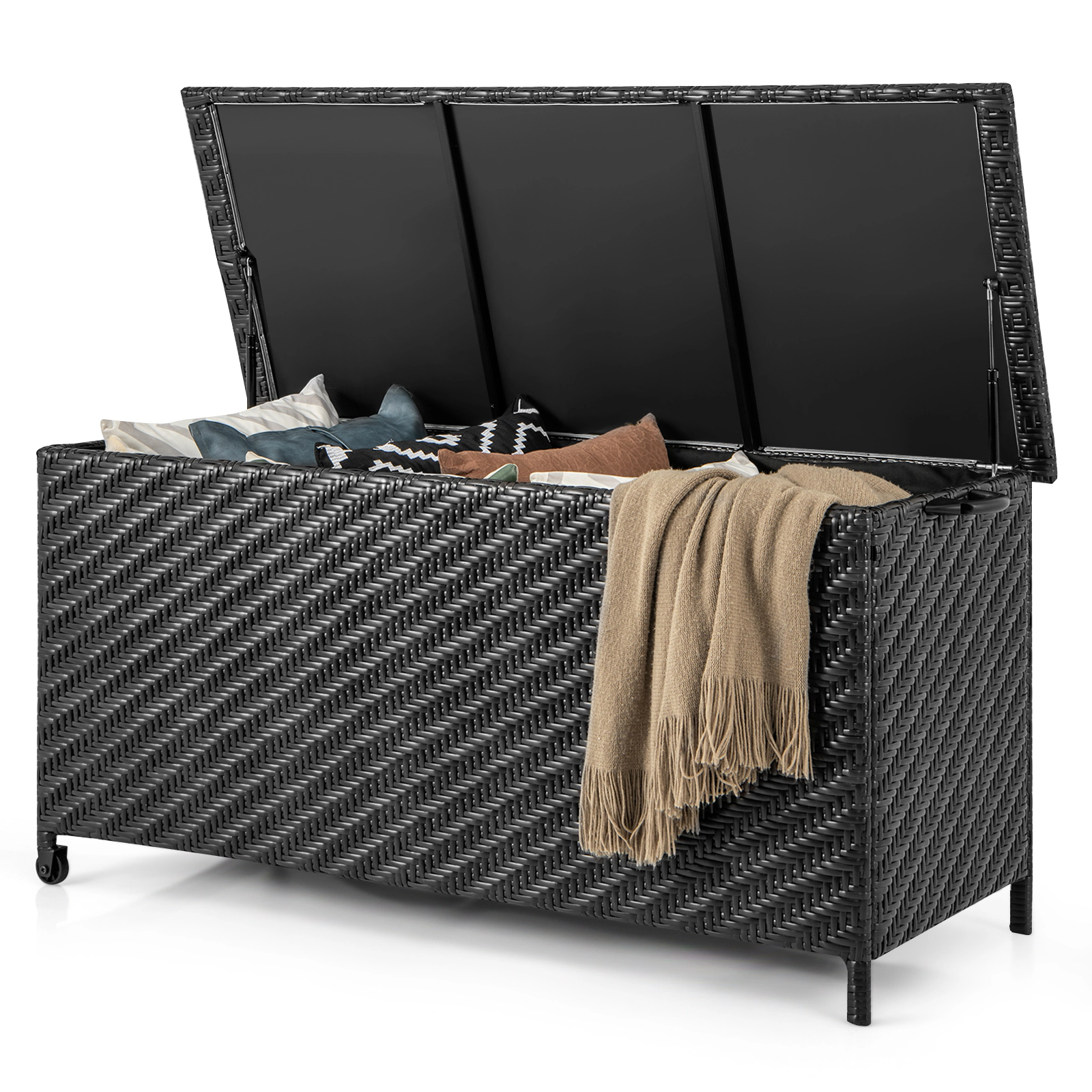 SUGIFT 85 Gallon PE Rattan Outdoor Storage Box with Liner and Wheels 66-lb Top 88-lb Bottom Capacity Brown/Black