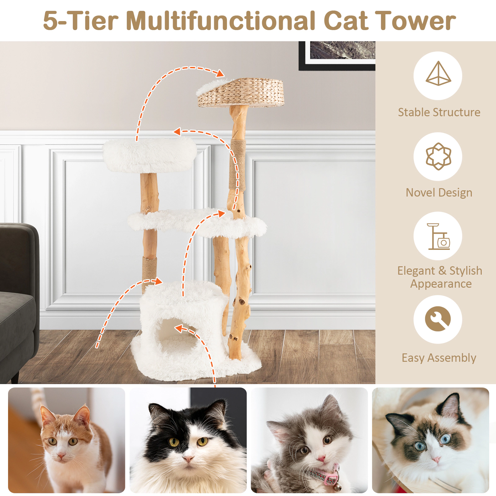 SUGIFT 49 in Solid Wood Cat Tower White with Cattail Basket Bed and Jute Posts