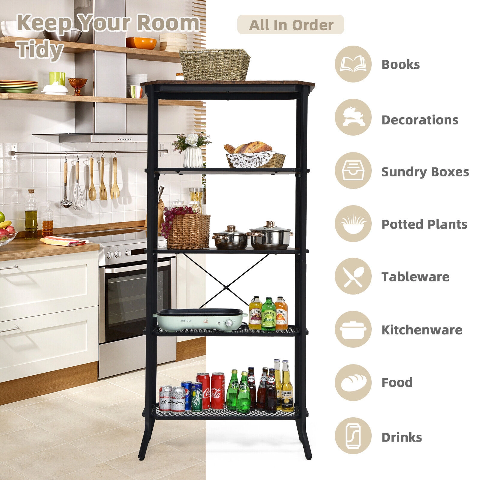 SUGIFT Rustic Brown Industrial 5-Layer Bookshelf 67.5 in with Out-Stretched Legs