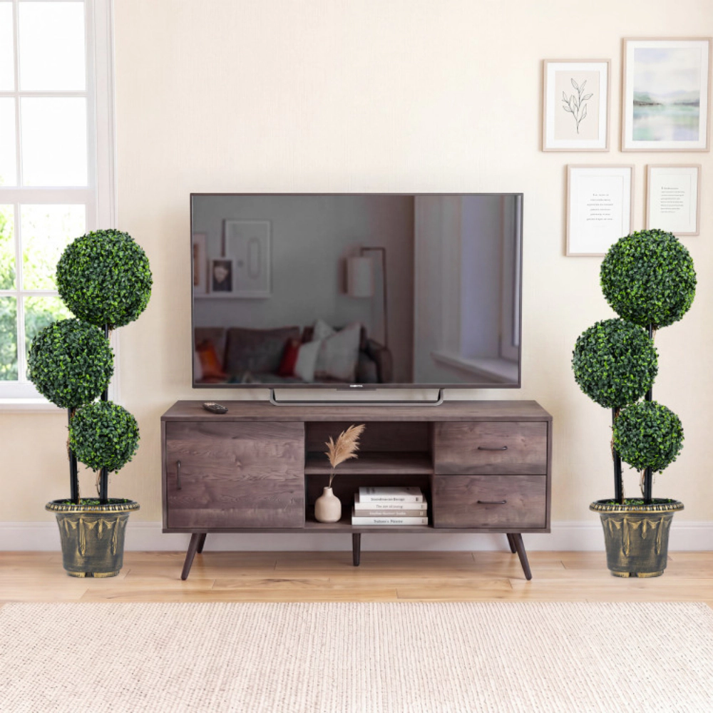Slickblue Set of 2 Artificial Boxwood Topiary Tree 35in Triple Ball Black Gold Planter Indoor Outdoor