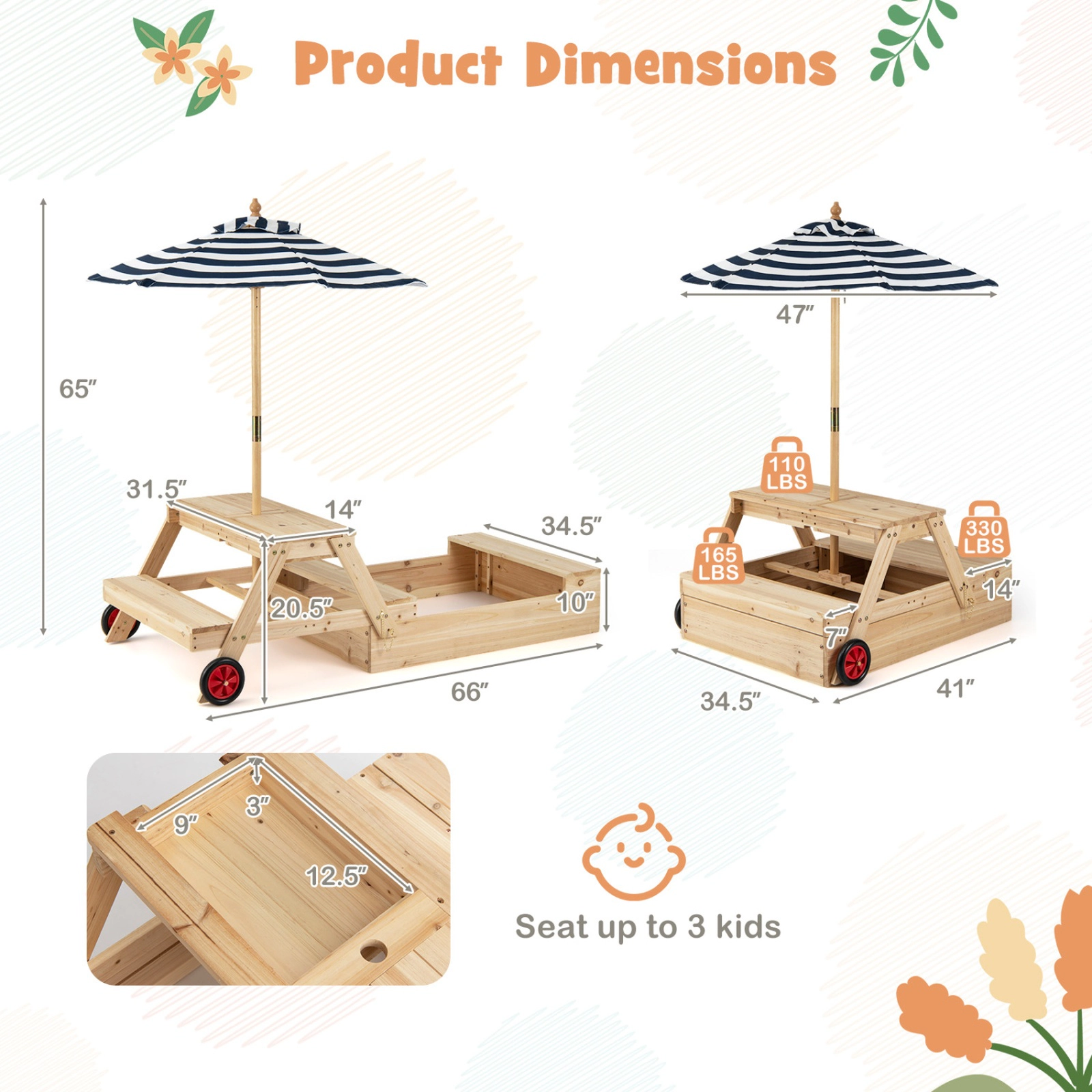 SUGIFT Blue Foldable Umbrella and Picnic Table 2-in-1 Kids Wooden Sandbox