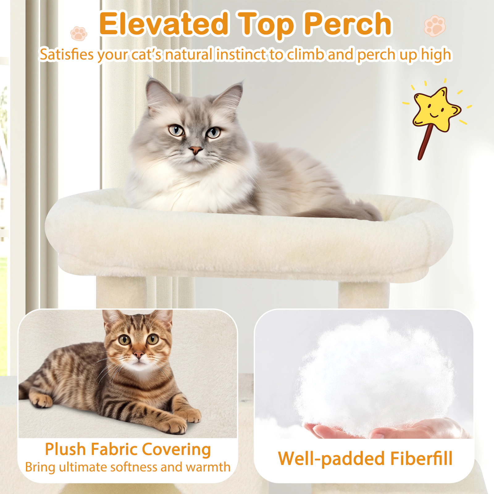 SUGIFT Beige 70 in Large Cat Tower with 2 Hideaway Condos and Padded Top Perch