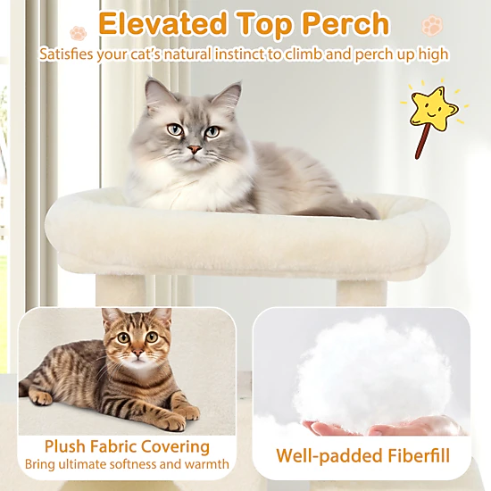 SUGIFT 70-in Beige Large Cat Tree Tower with 2 Hideaway Condos and Padded Top Perch 24-in Base W 33-lb Top