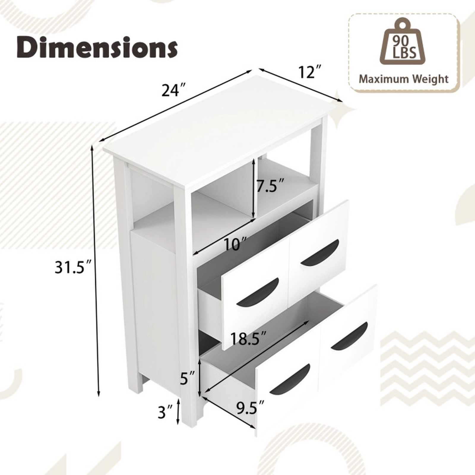 SUGIFT 2 Open Compartments 2 Drawers Freestanding Floor Storage Cabinet 24-in x 12-in x 31.5-in 90-lb Capacity White