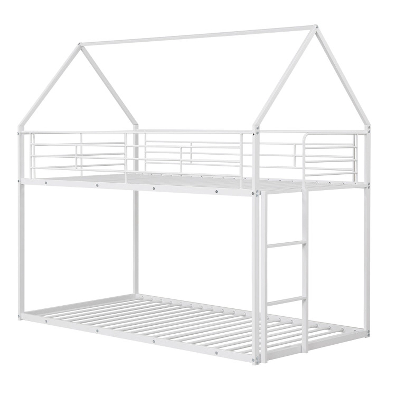 SUGIFT House-Shaped Twin-Over-Twin Metal Bunk Bed with Roof, Guardrails and Ladder 400-lb Capacity White