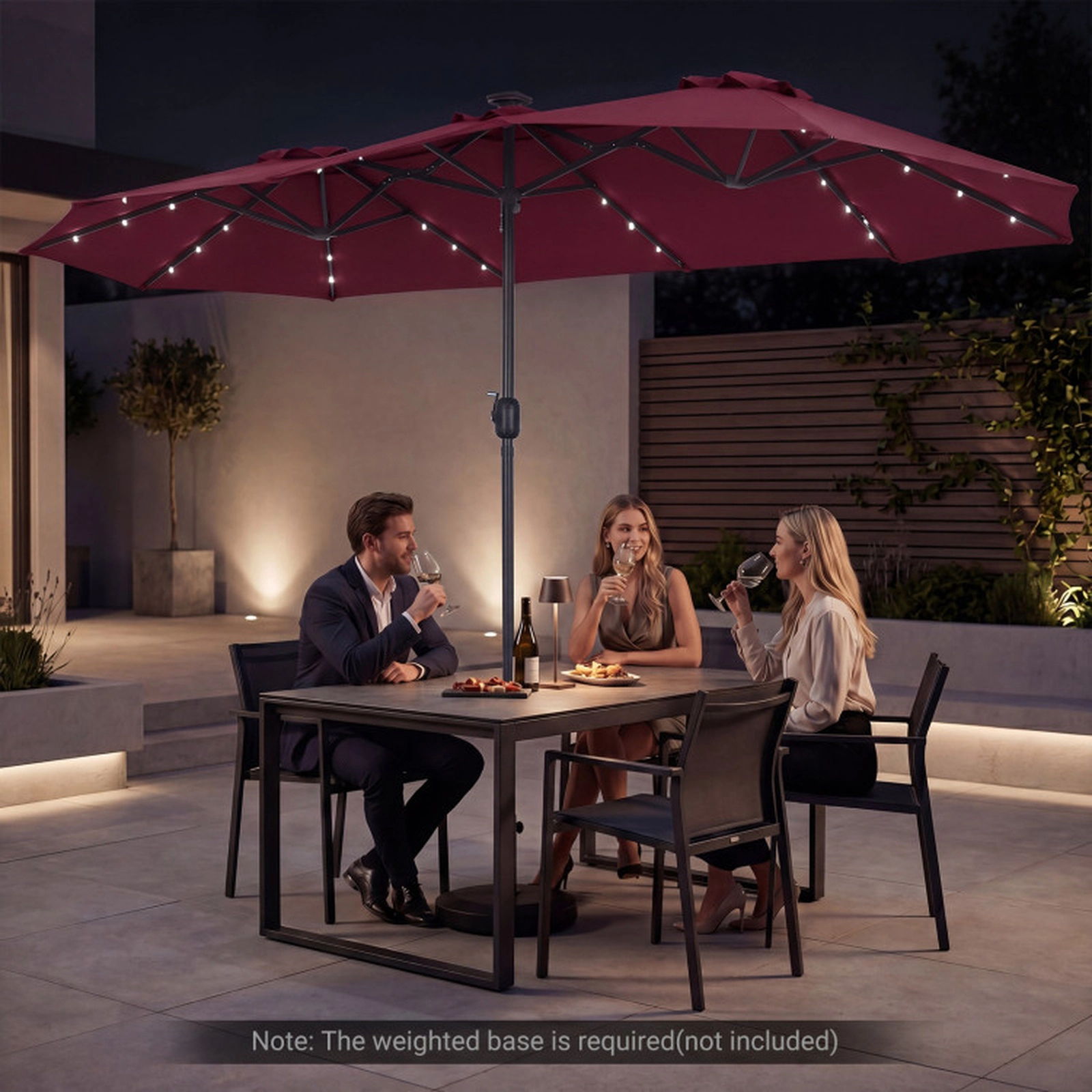 SUGIFT 13-ft Wine Double-Sided Rectangle Market Patio Umbrella with 36 Solar LED Lights and 12 Ribs