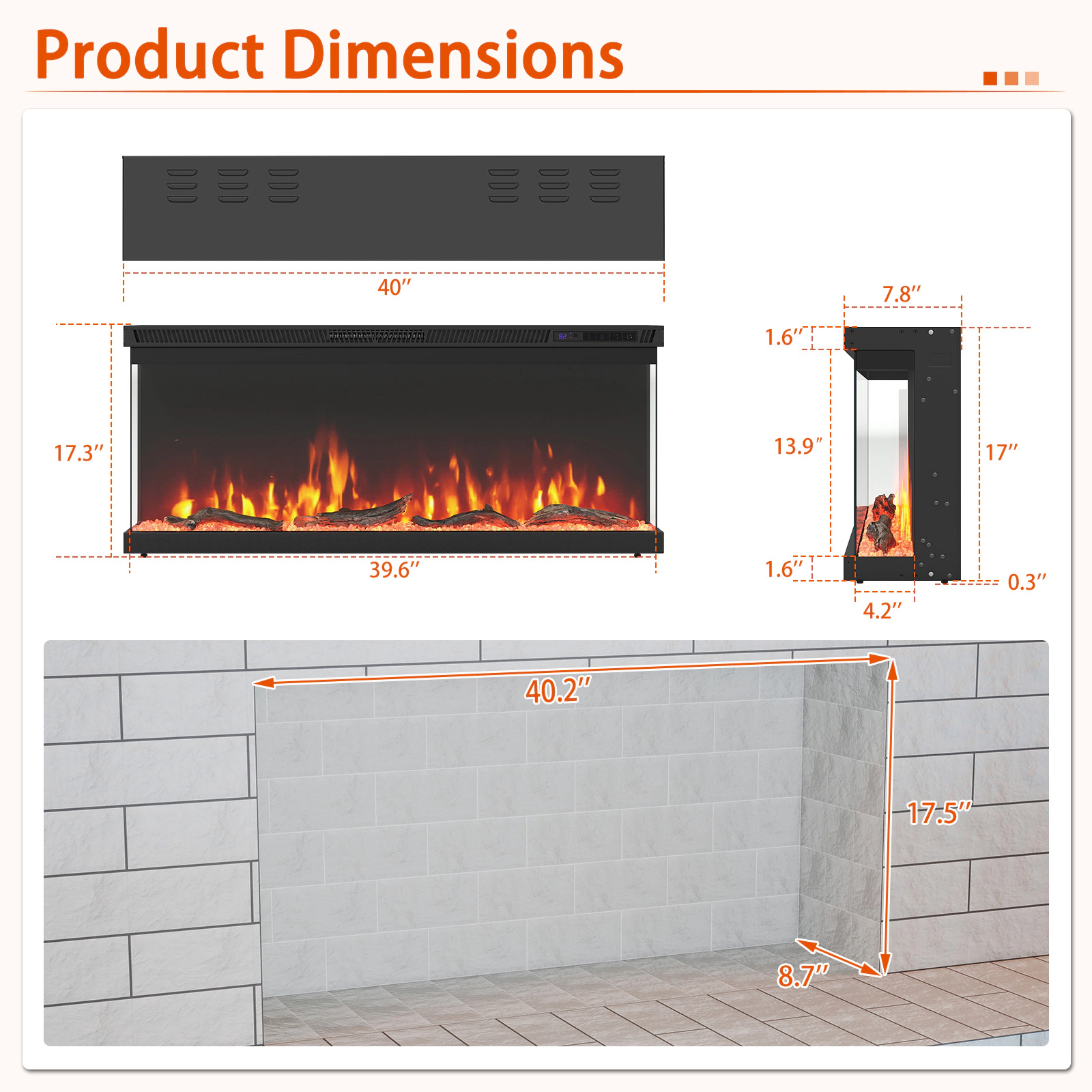SUGIFT 40-Inch 3-Sided Electric Fireplace Insert, 5,000 BTU, 12 Flame Colors, Remote Control