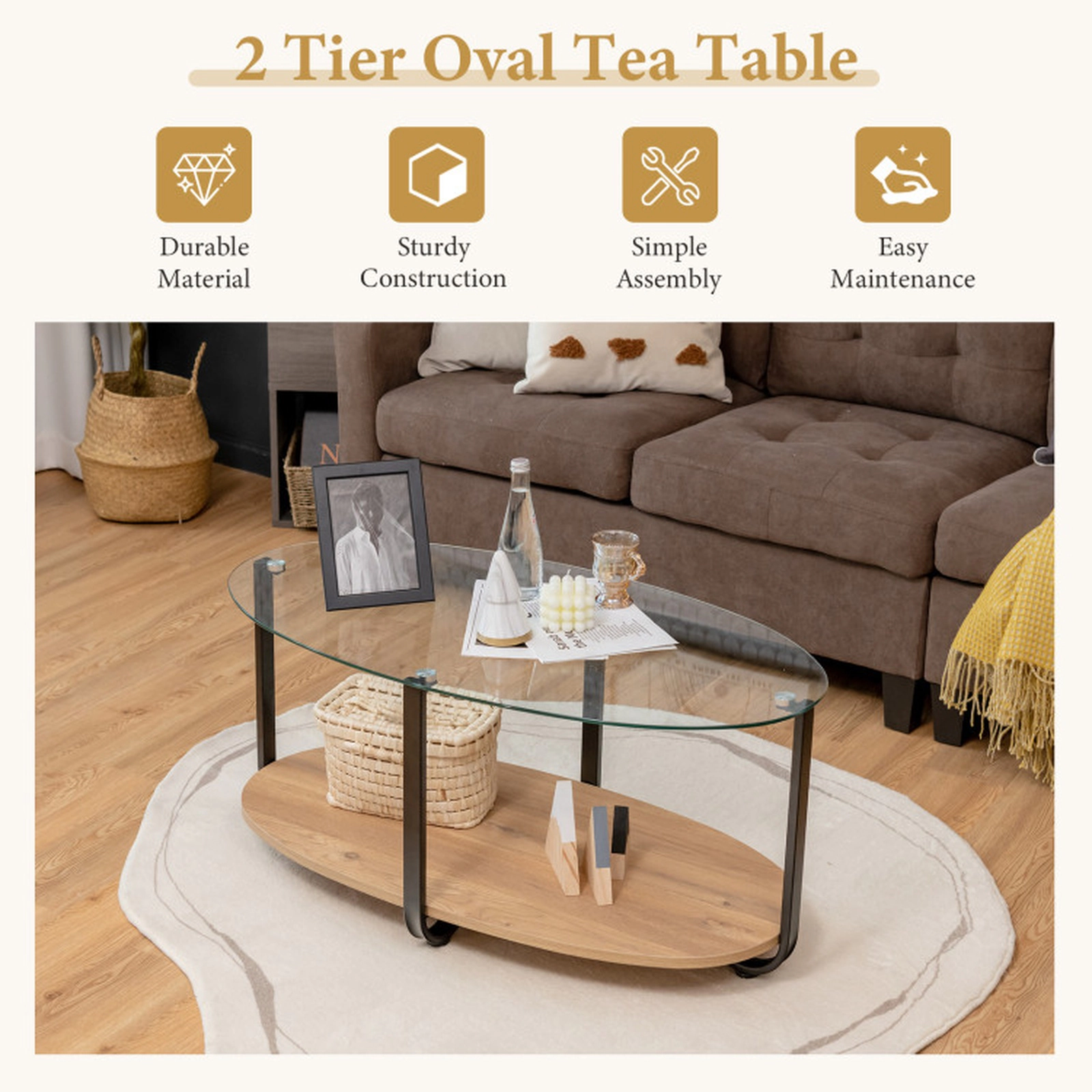 SUGIFT 2-Tier Glass-Top Oval Coffee Table with Wooden Shelf 88-Lb Per Layer Capacity Brown
