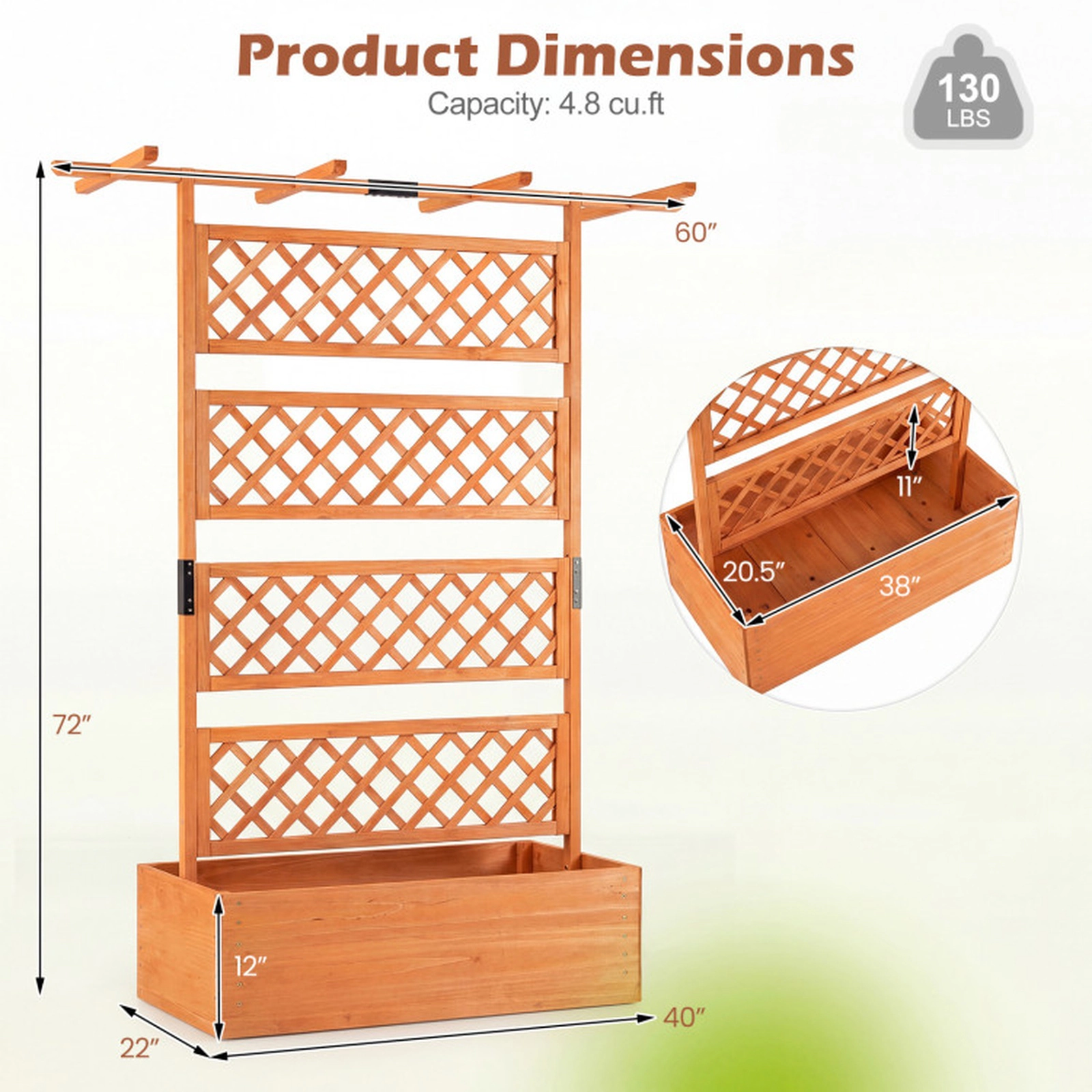 SUGIFT Orange Wood Planter Box with Lattice Trellis and Flat Roof 38-in W 20.5-in D 11-in H 130-lb Box Capacity