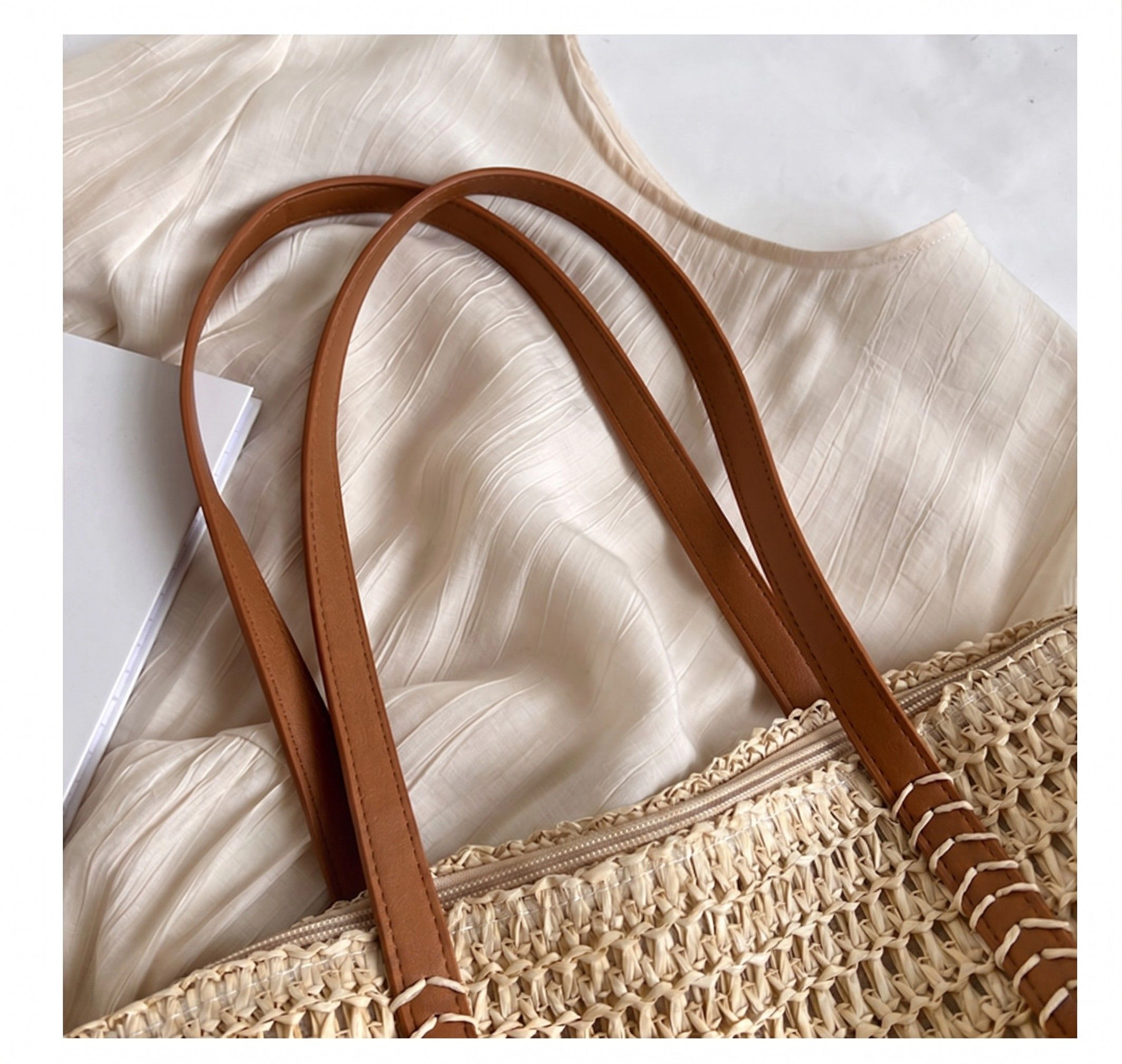 Alilang Women's Woven Straw Tote Bag with Leather Shoulder Straps Lightweight Crochet Knit Large Capacity Bag, Beige