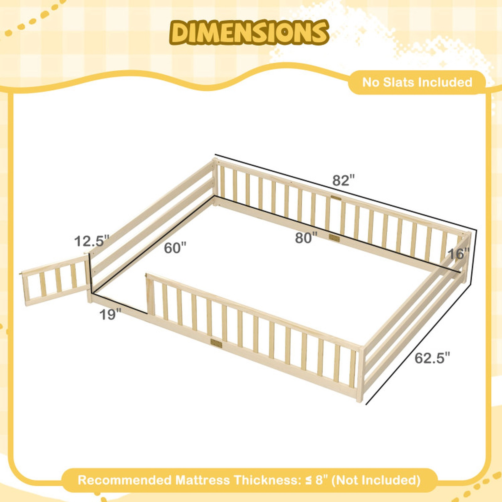 SUGIFT Queen Size Montessori Kids Floor Bed Frame with Full Length Safety Guardrails Low-To-Ground Design Natural