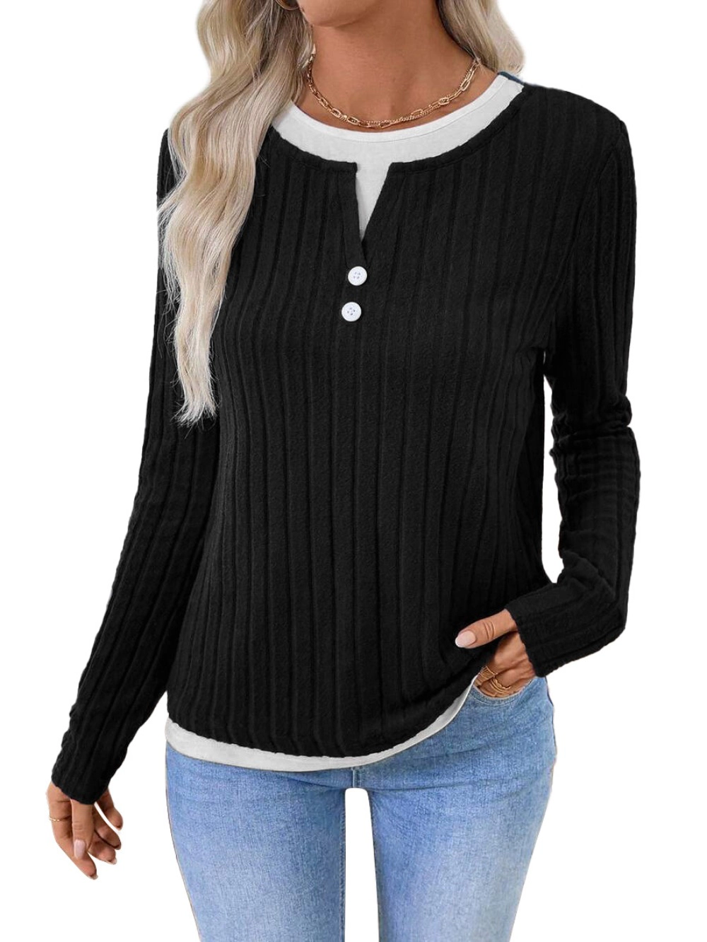 Women's Crew Neck Brushed Long Sleeve Button Pullover Fall Winter Tops