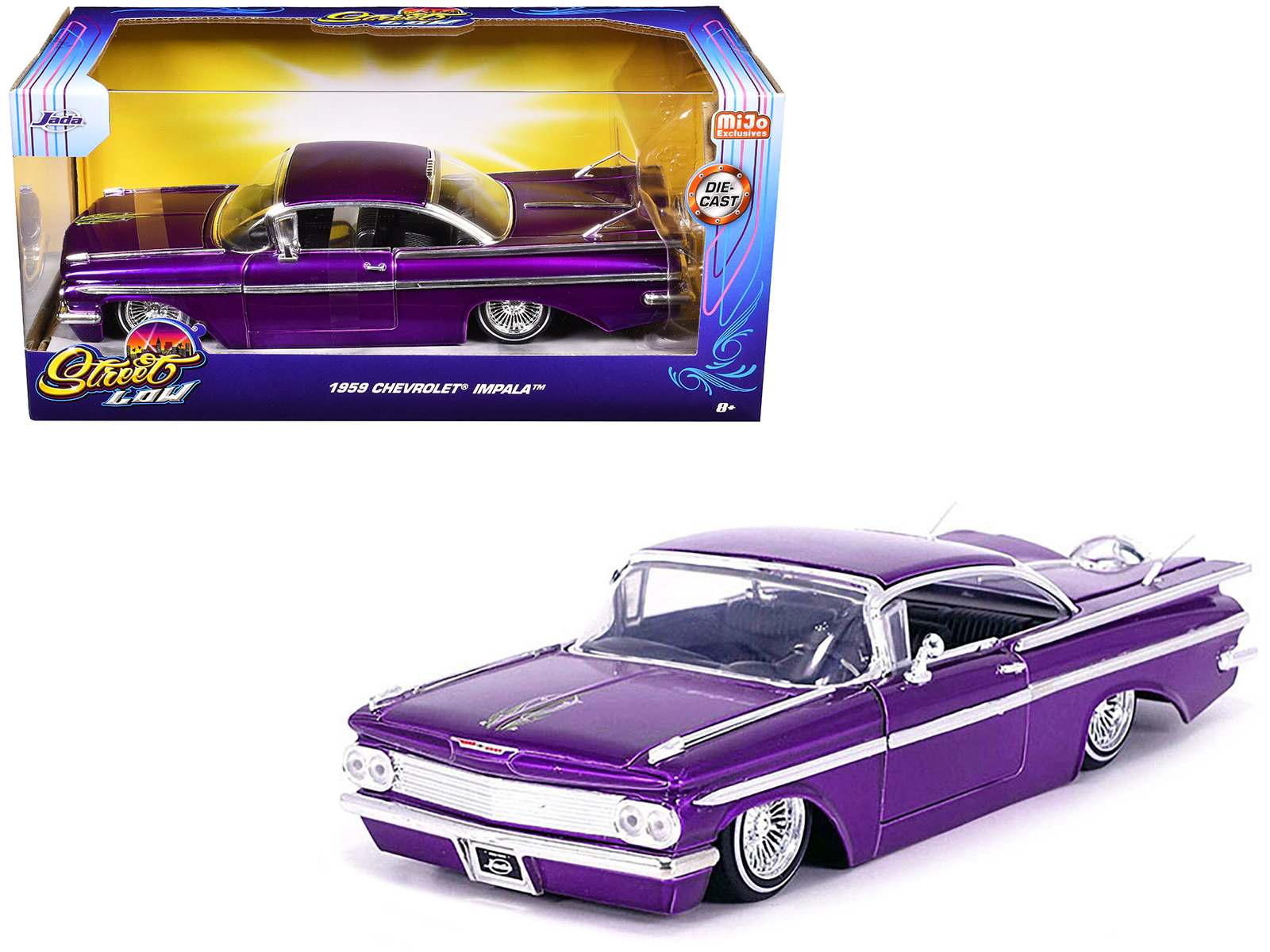 Jada 1959 Chevrolet Impala Lowrider Candy Purple with Wire Wheels "Street Low" Series 1/24 Diecast Model Car by Jada