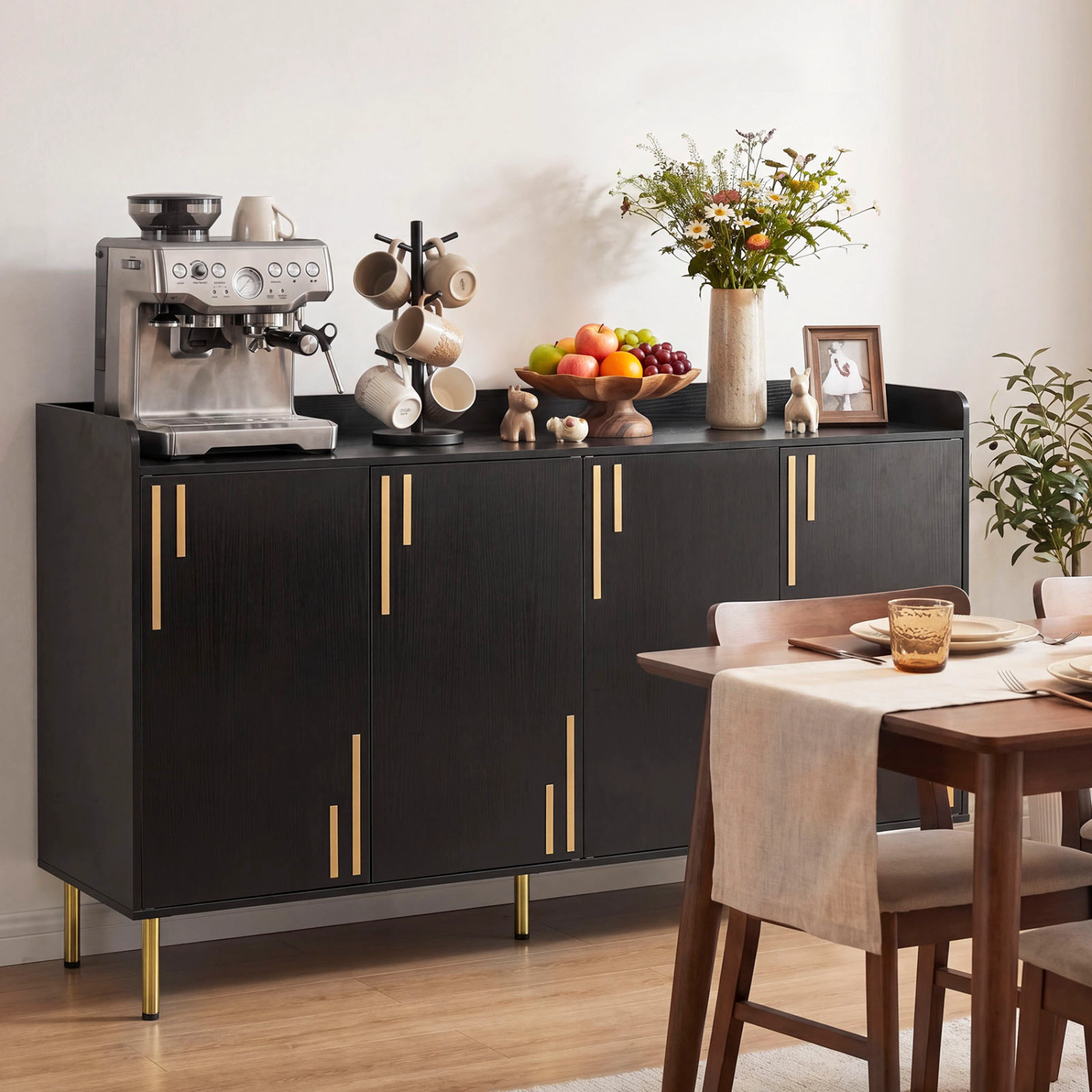 Glintex 55-Inch Credenza with 4 Vertical-Stripe Doors and 5 Metal Legs, Black