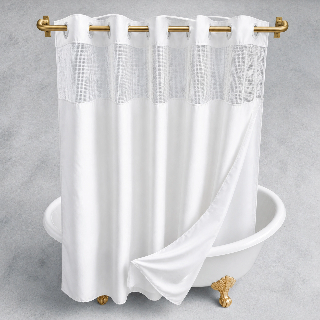 WZK Linen Look No Hook with Snap In Liner Mesh Top Window Waterproof Washable Shower Curtain Set