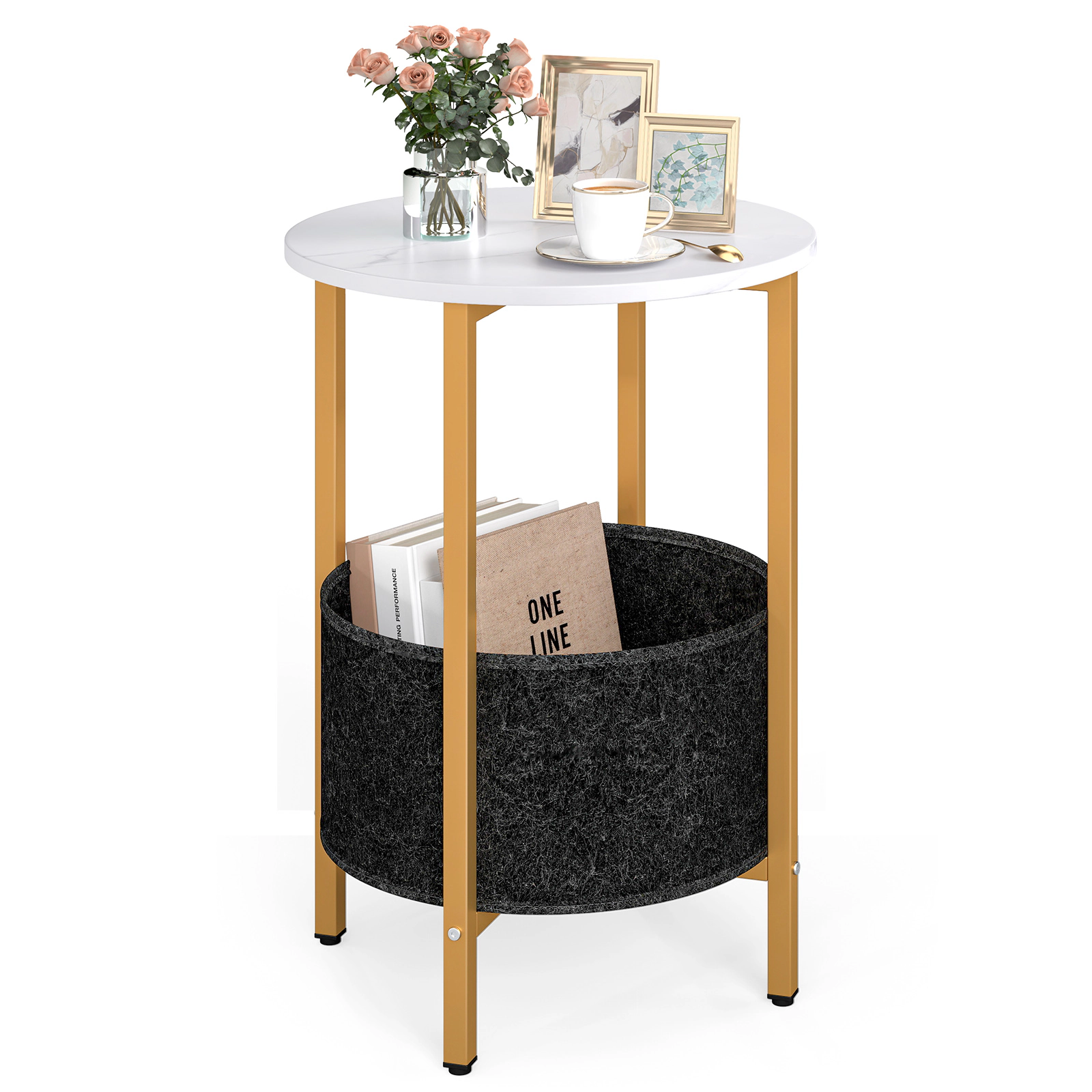 Glintex Round 2-Tier Side Table with Removable Felt Basket and X-Shaped Metal Base, White