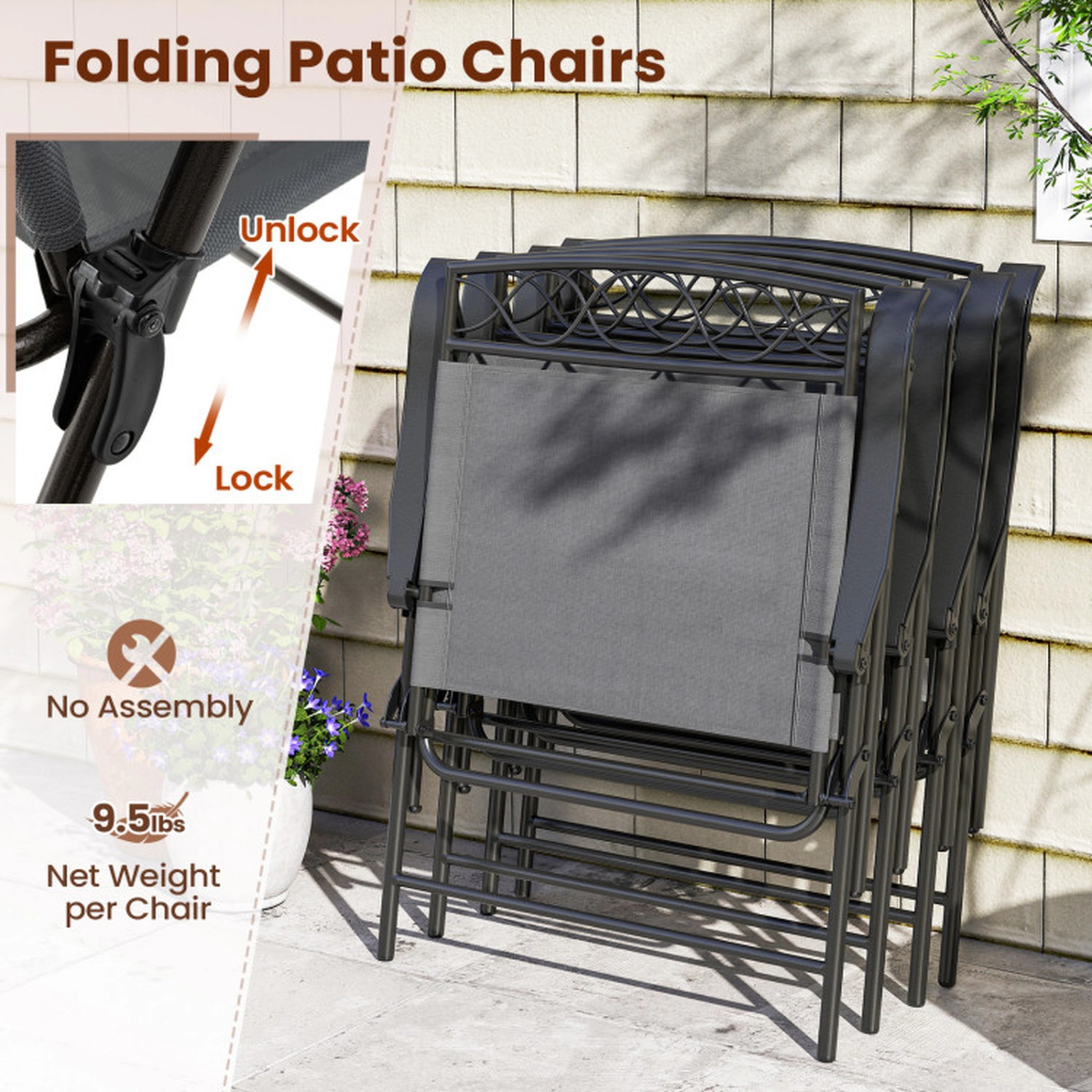 SUGIFT Set of 4 Gray Folding Patio Chairs, Outdoor Sling Seats with Armrests