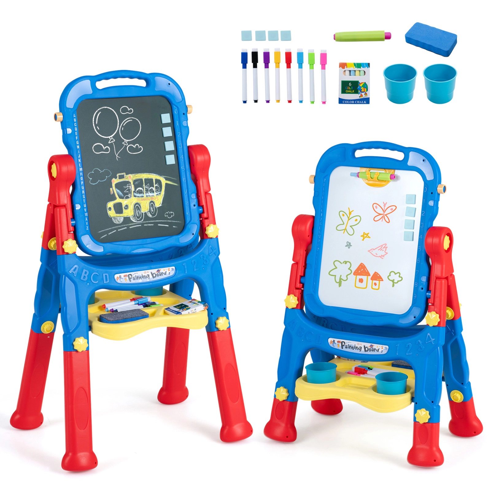 SUGIFT 4-in-1 Adjustable Height Art Easel for Kids Ages 3+ Blue & Red/Blue/Peach Fuzz