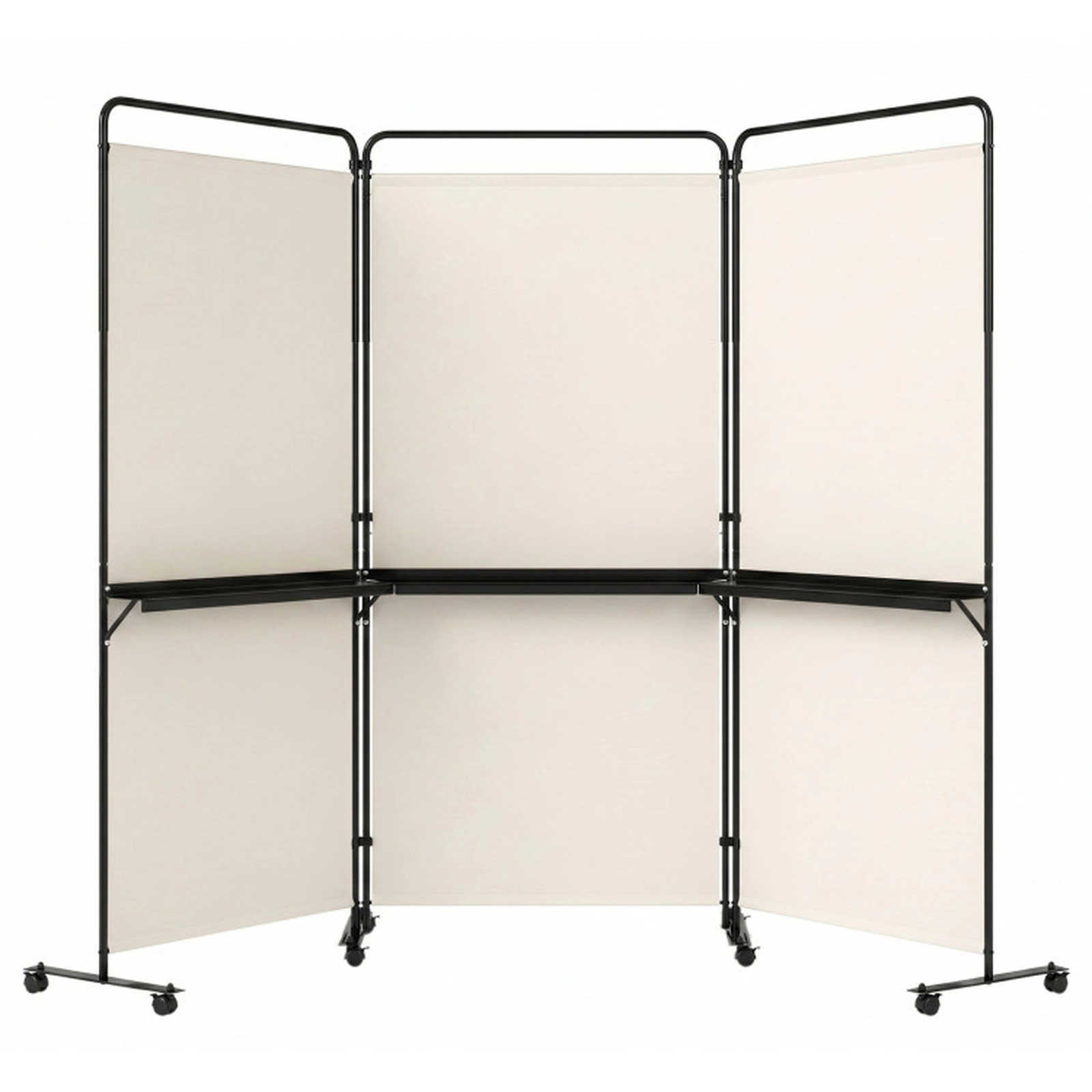 SUGIFT 3-Panel Room Divider with Shelves 74-in Tall Folding Privacy Screen with Lockable Wheels White
