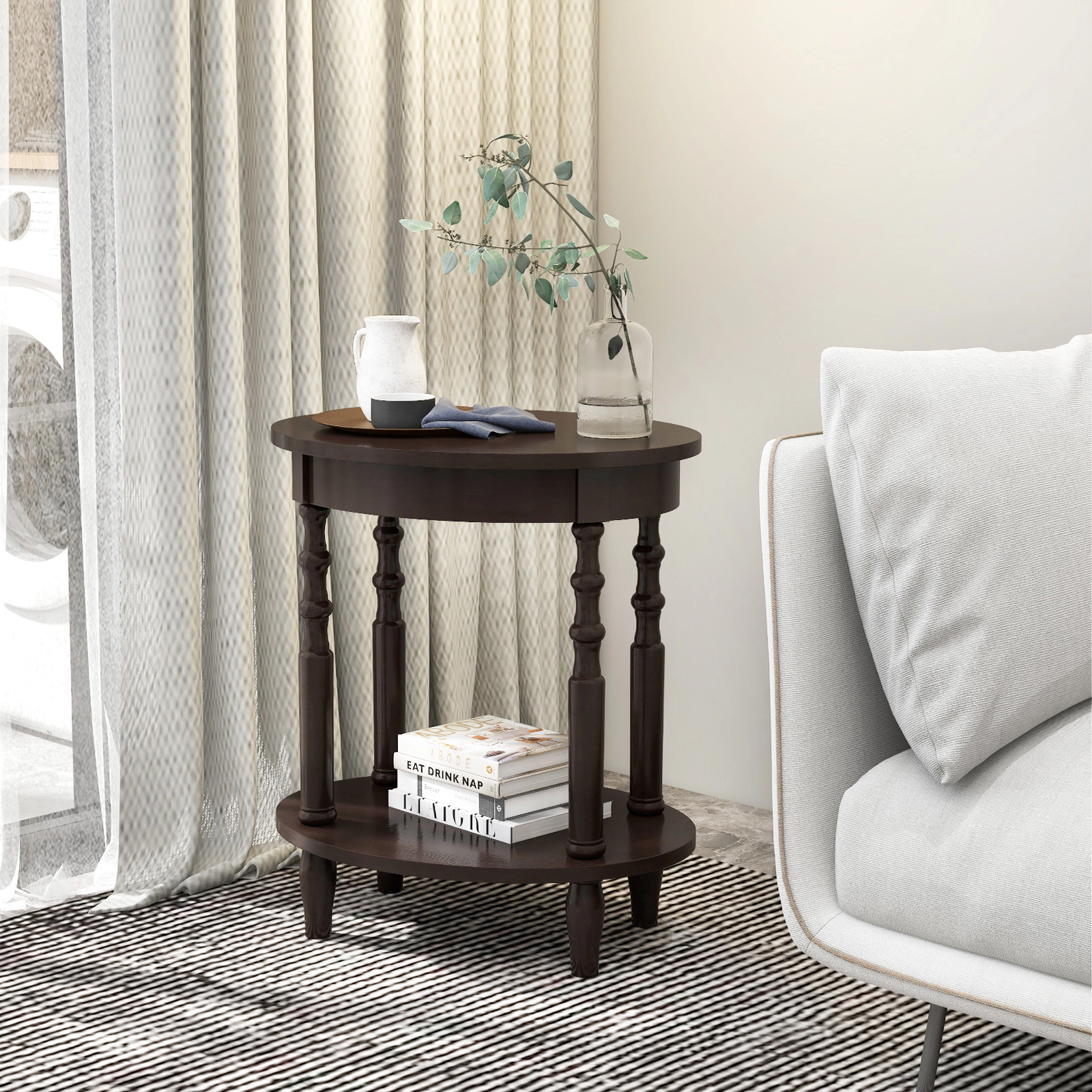 Glintex Oval 2-Tier Side Table with 245-Lb Thickened Top and Rubber Wood Legs