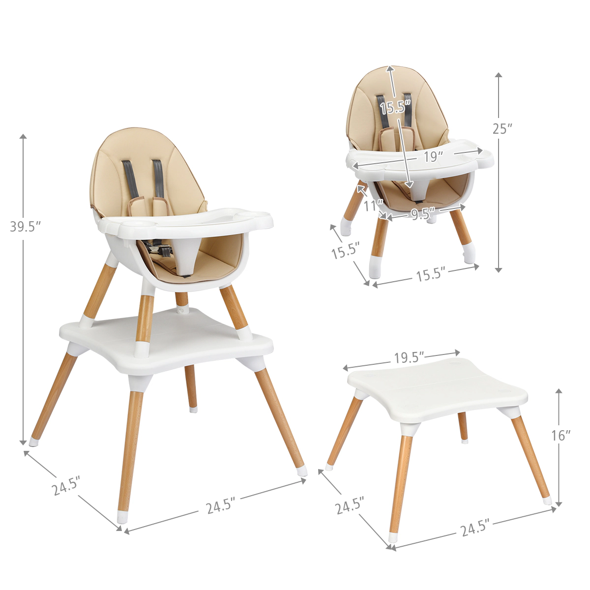 SUGIFT 5-in-1 Convertible Wooden High Chair with Table 33-lb Capacity Ages 6-36 Months Coffee/Black/Natural