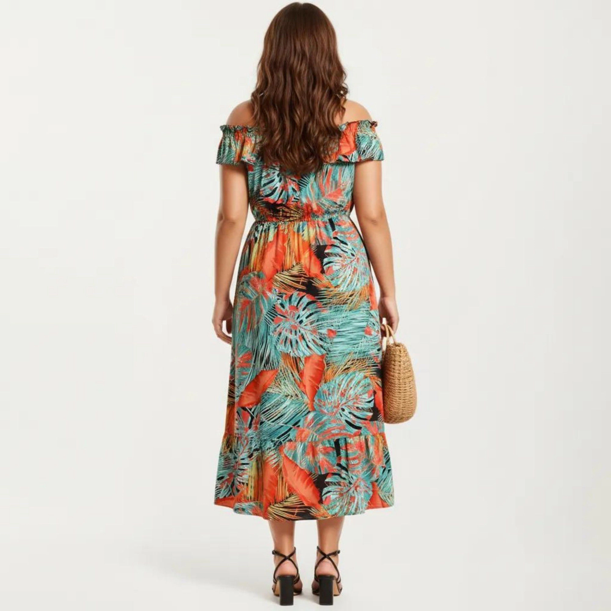 Anna-Kaci Women's Off Shoulder Tropical Print Ruffle Neckline Elastic Waist Tiered Hem Flowy Fit Midi Dress