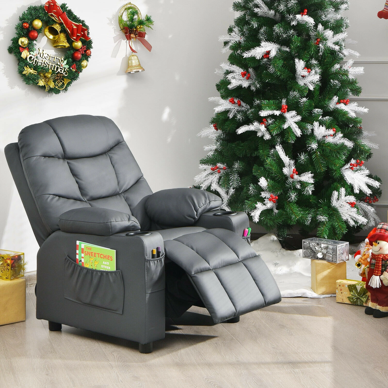 SUGIFT Kids PU Leather Cup Holders Side Pockets Push Back Recliner 26-in x 28-in x 34-in 120-lb Capacity Ages 3+ Gray