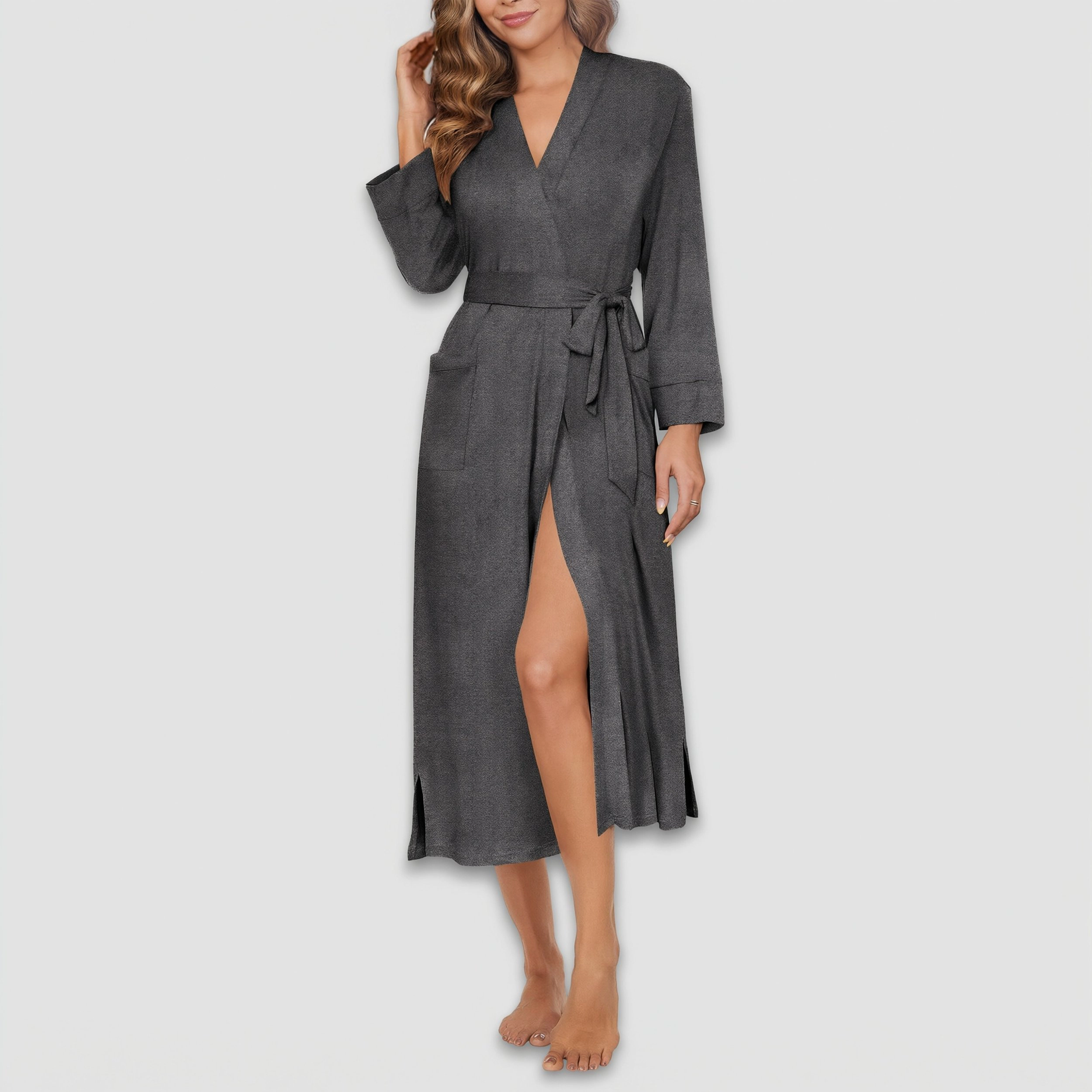 Ekouaer Women's V Neck Long Sleeve Tie Waist Kimono Maxi Robe
