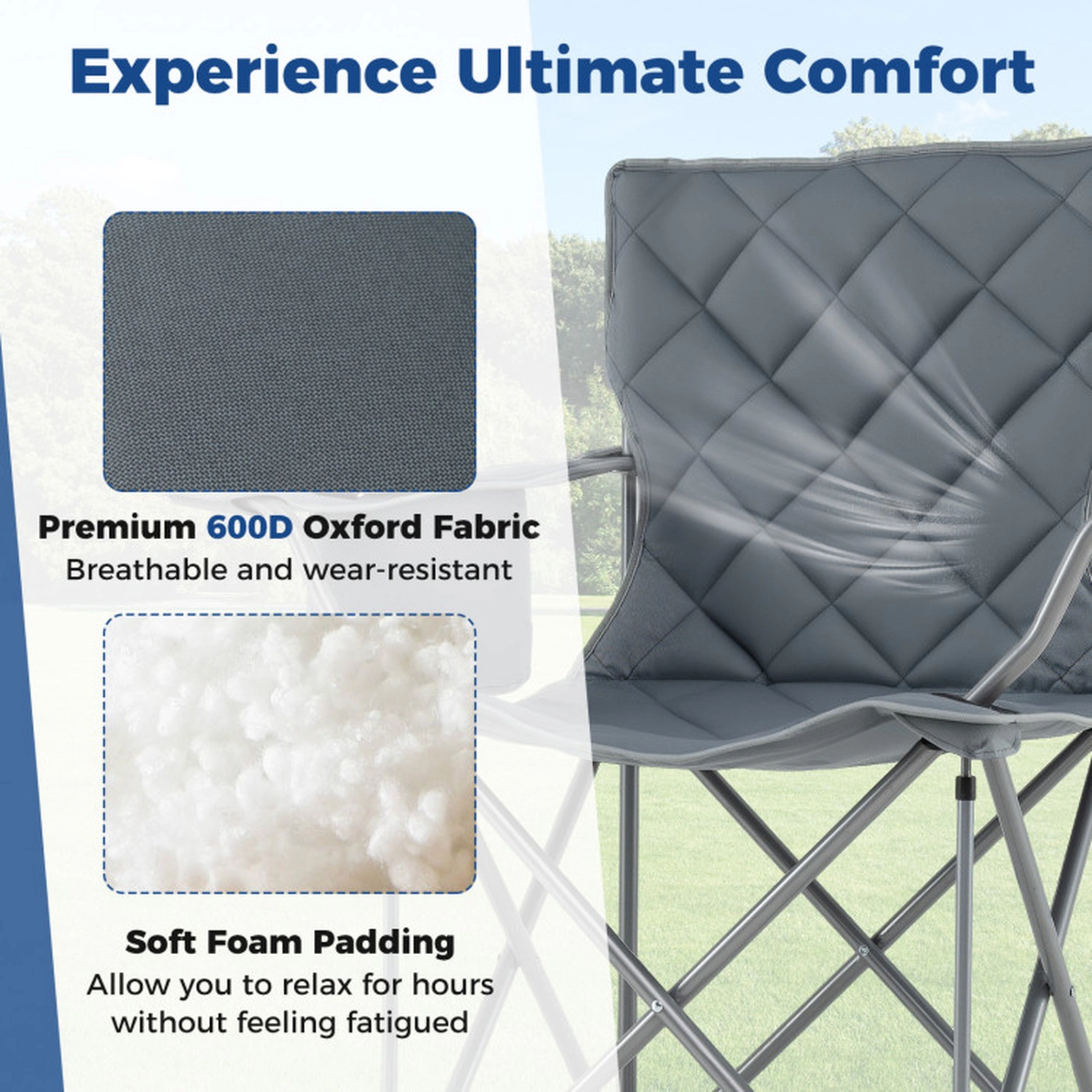 SUGIFT Gray Oversized Folding Camping Chair with Cooler Pouch and Cup Holder 38-in W 40-in H 500-lb Seat Capacity