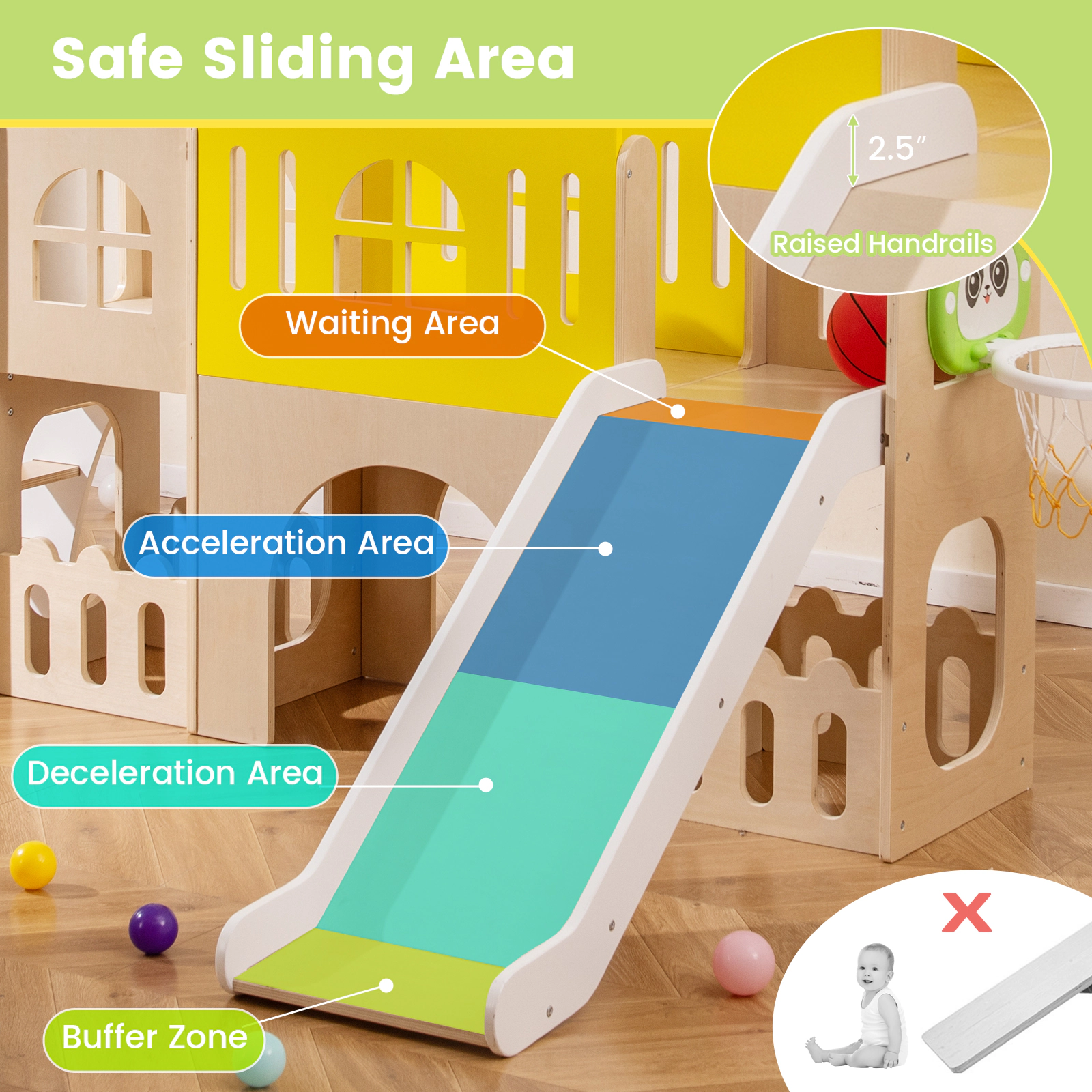 SUGIFT Multicolor Climber Tunnel and Basketball Hoop 7-in-1 Wooden Toddler Slide Set