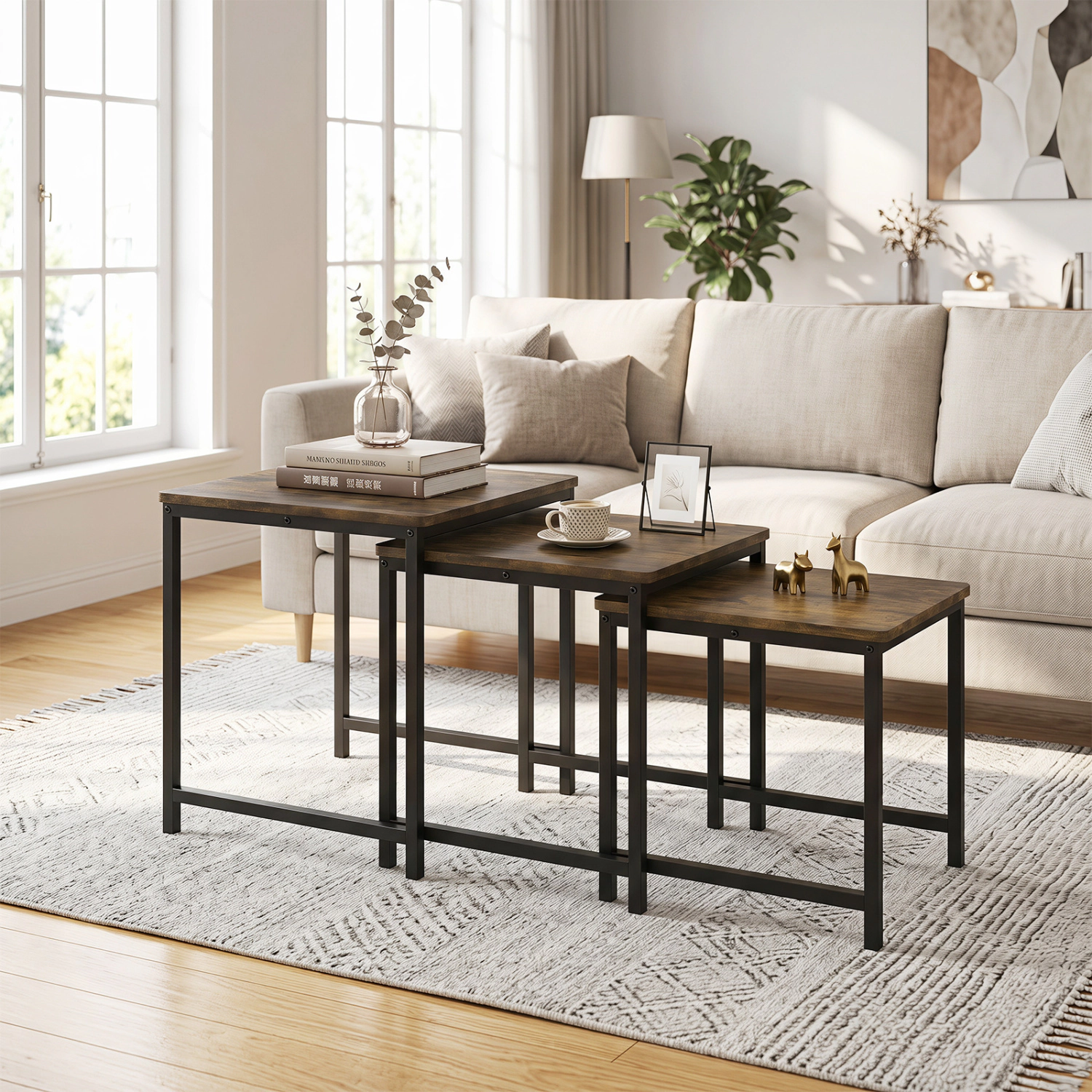 Glintex 3-Piece Faux Marble Nesting Table Set with Reinforced Metal Crossbars